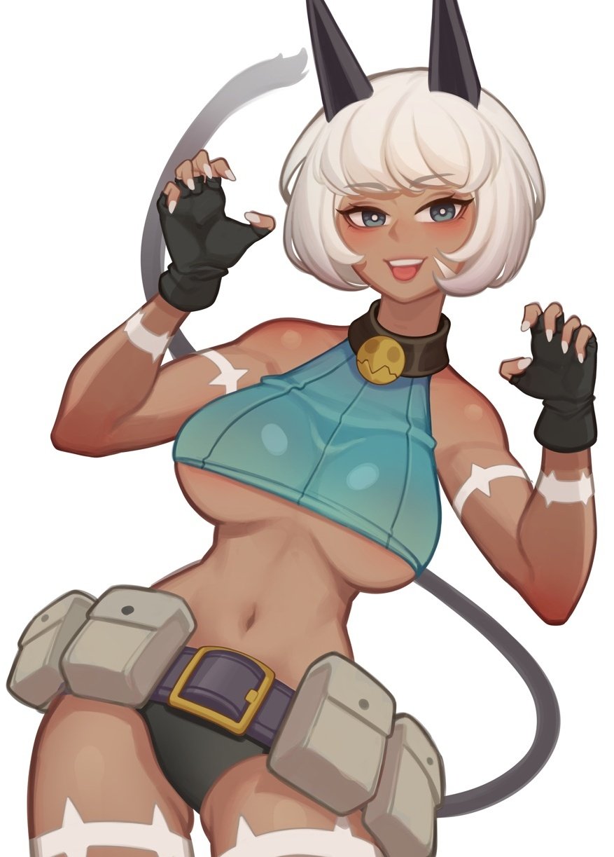 1girls, animal ears, belt, belt pouch, blue eyes, breasts, cat ears, cat girl, cat tail, claws, dark skin, dark-skinned female, female, female only, fingerless gloves, gloves, highres, large breasts, midriff, ms. fortune (skullgirls), multiple scars, nadia fortune, navel, open mouth, pouch, scar, short hair, skullgirls, solo, tail, underboob, white hair
