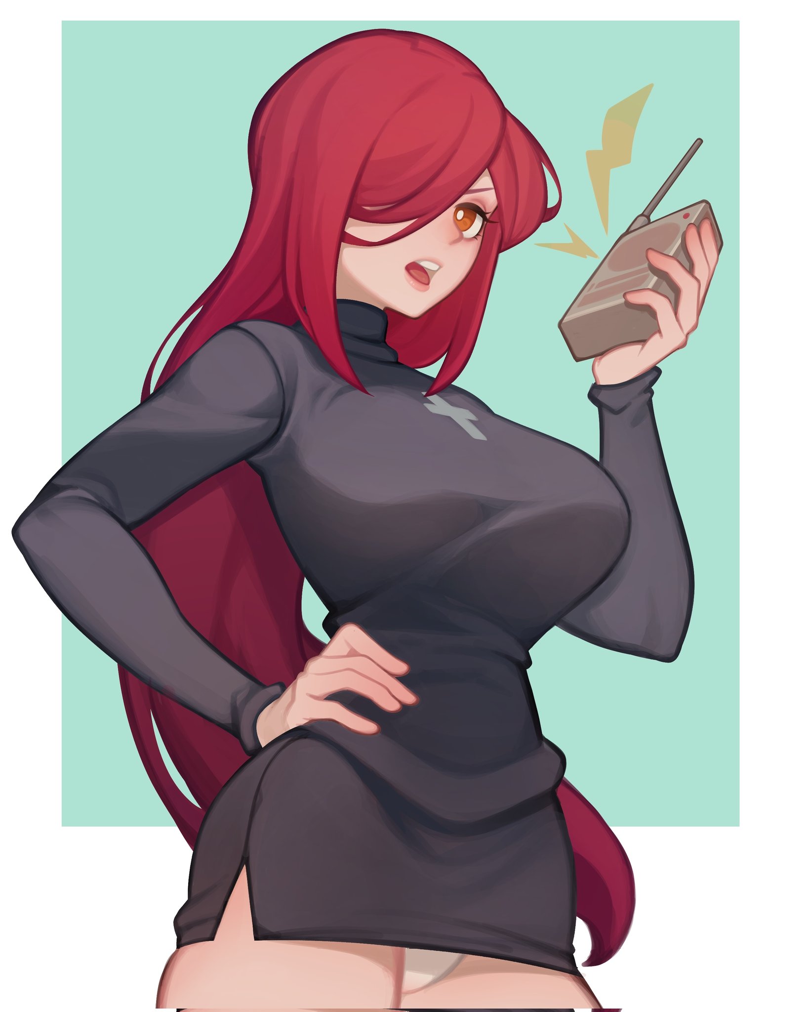 breasts, corrupted twitter file, cross, cross print, female, female only, hair over one eye, hand on own hip, highres, large breasts, long hair, open mouth, orange eyes, panties, pantyshot, parasoul, red hair, skullgirls, solo, teeth, underwear, upper teeth only, walkie-talkie, white panties