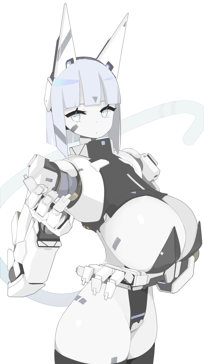 1girls, 2025, animal ears, big breasts, breasts, cat ears, cat tail, curvy, curvy figure, emotionless, female, female only, hi res, large breasts, light-skinned female, looking away, mecha, nanatuki5, original, original character, robot, robot anthro, robot girl, robot humanoid, sichinotuki, simple background, solo, thick thighs, thighs, white background, white fur, white hair