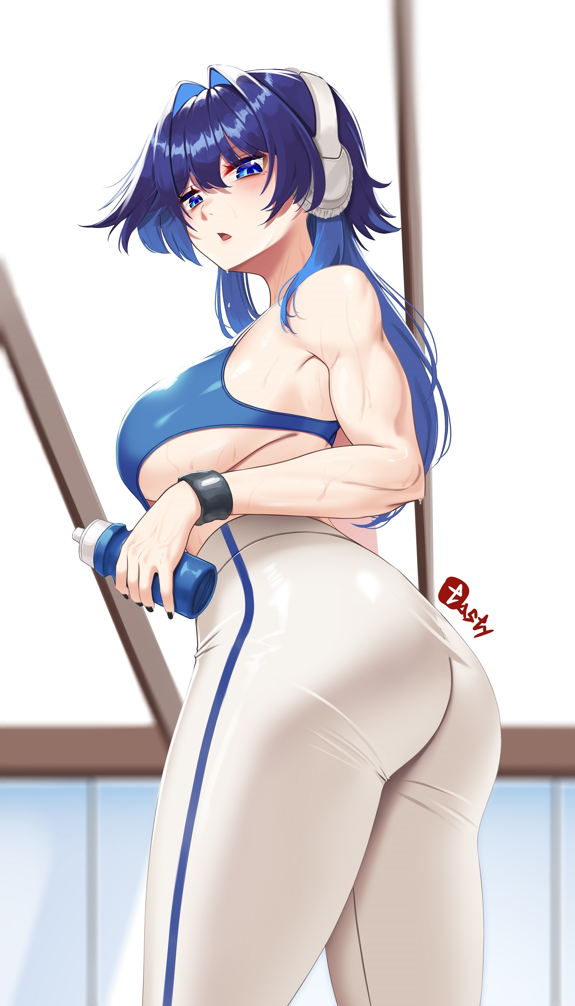 1girls, 2025, absurd res, absurdres, alternate costume, ass, ass focus, big ass, big breasts, blue eyes, blue hair, blush, breasts, dark hair, female, female only, gym uniform, headphones, hi res, high resolution, highres, holding object, hololive, hololive english, hololive english -council-, hololive english -promise-, huge ass, large ass, large breasts, long hair, looking at viewer, looking down, ouro kronii, sideboob, solo, solo female, standing, sweat, tagme, tastyguharry, thick thighs, thighs, two-tone hair, virtual youtuber