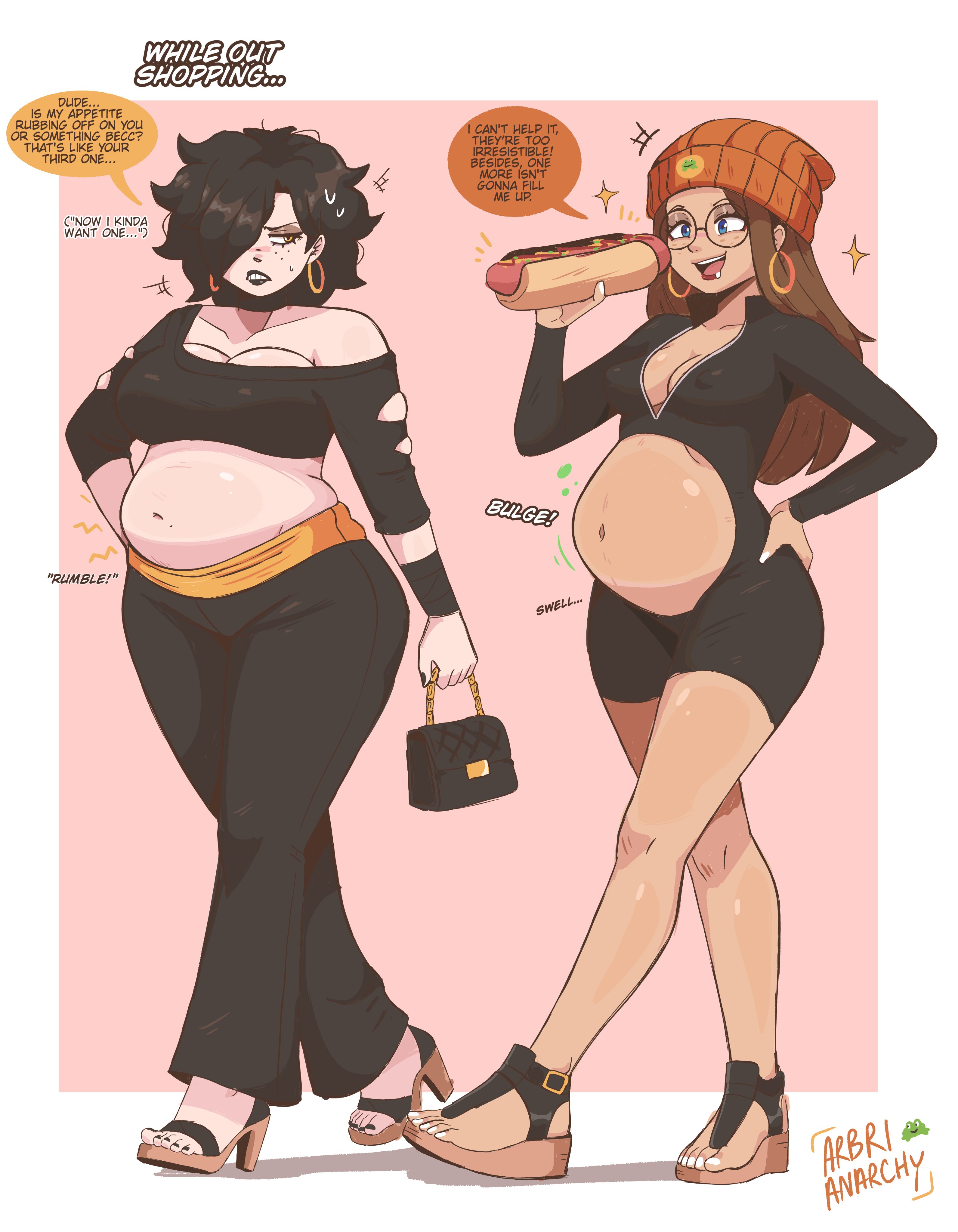 2girls, arbrianarchy, belly bulge, bulge, chubby, chubby female, eating, eating food, english dialogue, english text, exposed belly, female, glasses, hand on waist, oc, original character, walking