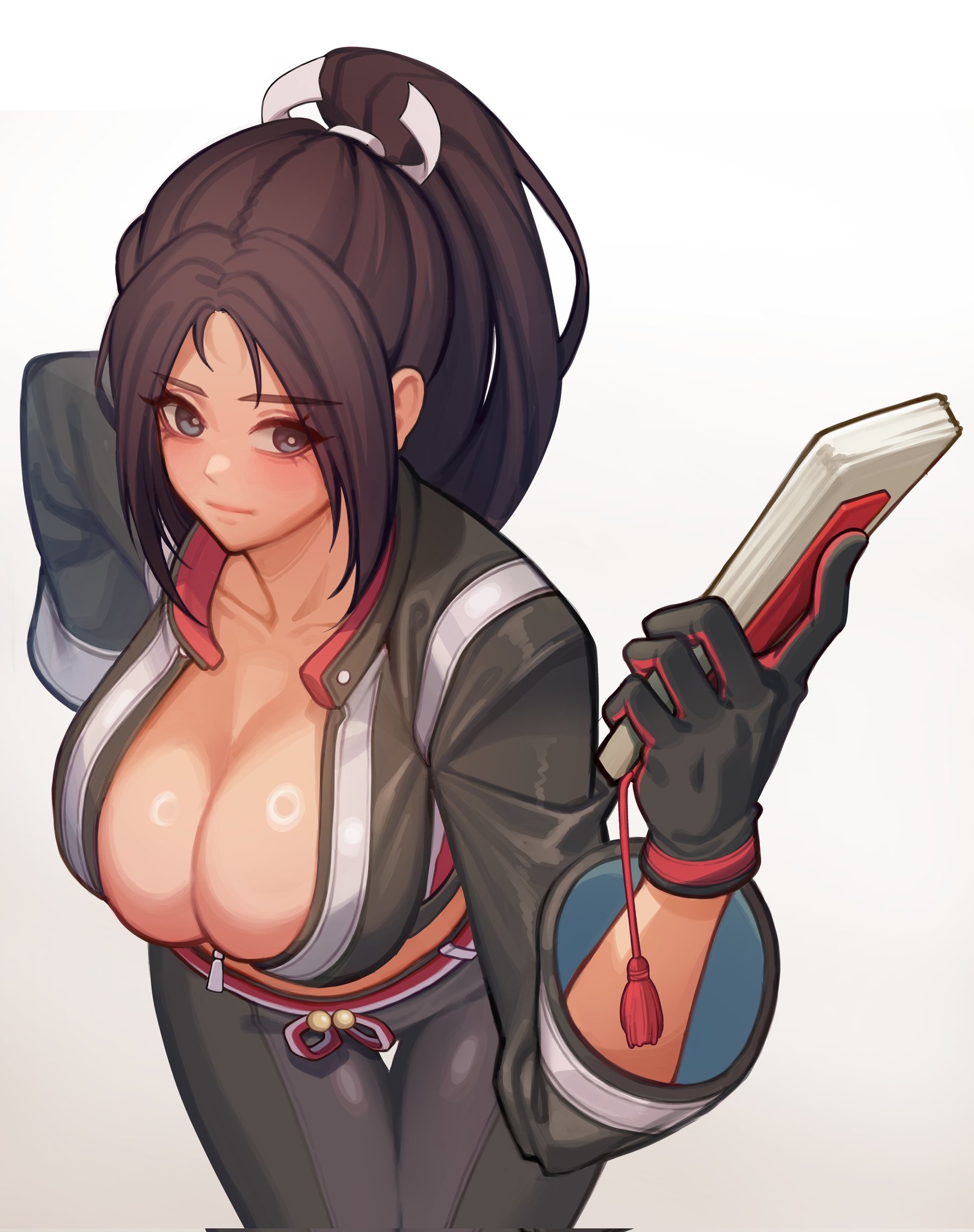 1girls, black gloves, black jacket, black pants, breasts, brown eyes, brown hair, cleavage, closed mouth, collarbone, commentary, fatal fury, female, female only, folded fan, folding fan, gloves, gradient background, hair ornament, hand fan, high ponytail, highres, holding, holding fan, jacket, large breasts, leaning forward, leather, leather jacket, leather pants, long hair, looking at viewer, mai shiranui, mai shiranui (city of the wolves), motoyui, official alternate costume, pants, parted bangs, partially unzipped, ponytail, solo, street fighter, street fighter 6, thigh gap, zipper