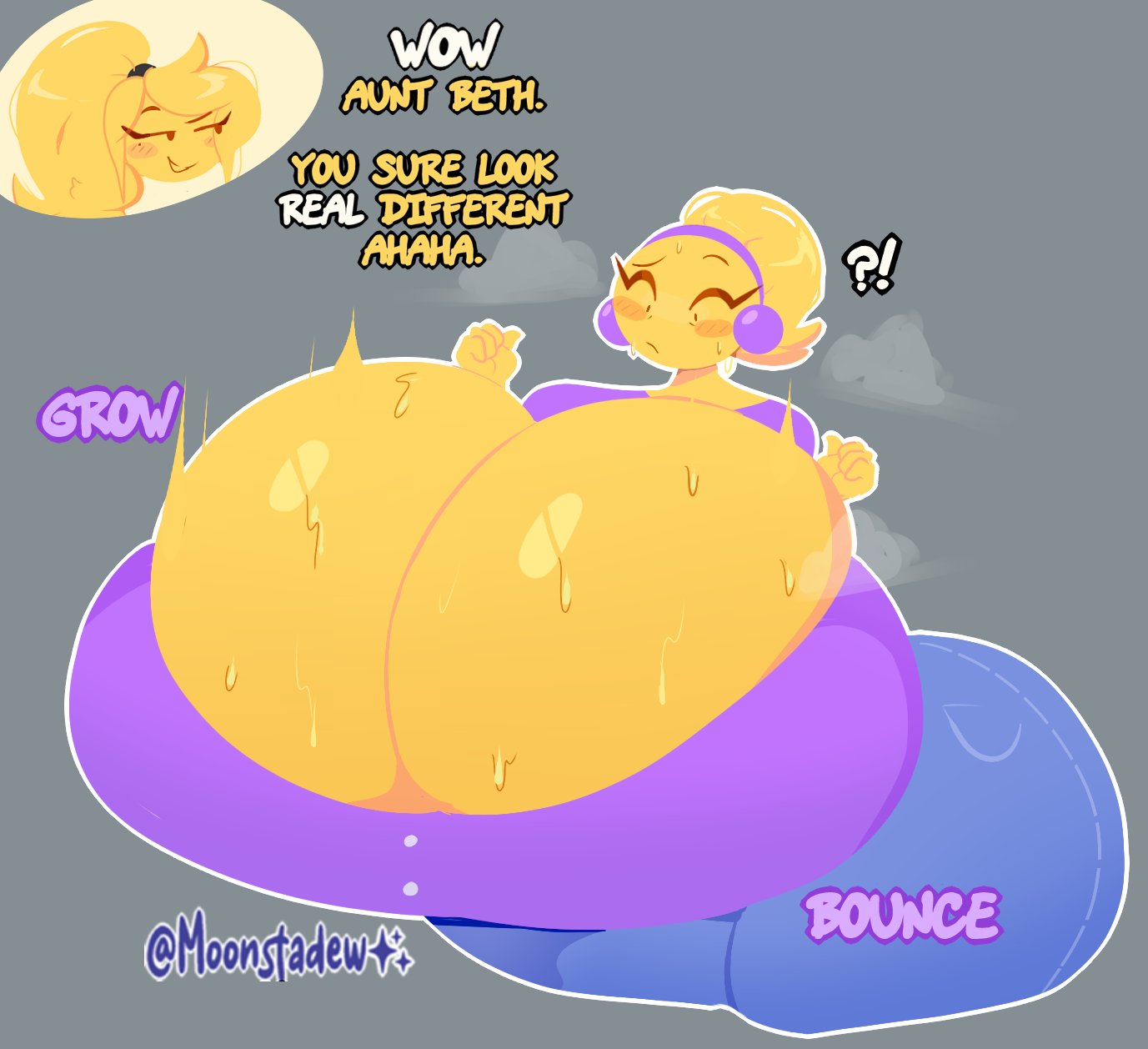 2girls, ass, aunt, aunt and niece, big ass, big breasts, blonde hair, breast expansion, breast focus, breast growth, breast growth (enlargement), breasts, breasts bigger than head, breasts bigger than torso, busty, cleavage, clothing, dialogue, emoji (race), emojifam (sssir8), female, female only, huge ass, huge breasts, hyper, hyper breasts, jeans, large breasts, looking at breasts, looking at self, looking down, massive breasts, moonraige, ms. bethany, musk, musk clouds, niece, no bra, original, pants, ponytail, shirt, stephany (moonraige), sweat, sweatdrop, sweaty body, sweaty breasts, text, thick thighs, thunder thighs, wide hips, yellow body