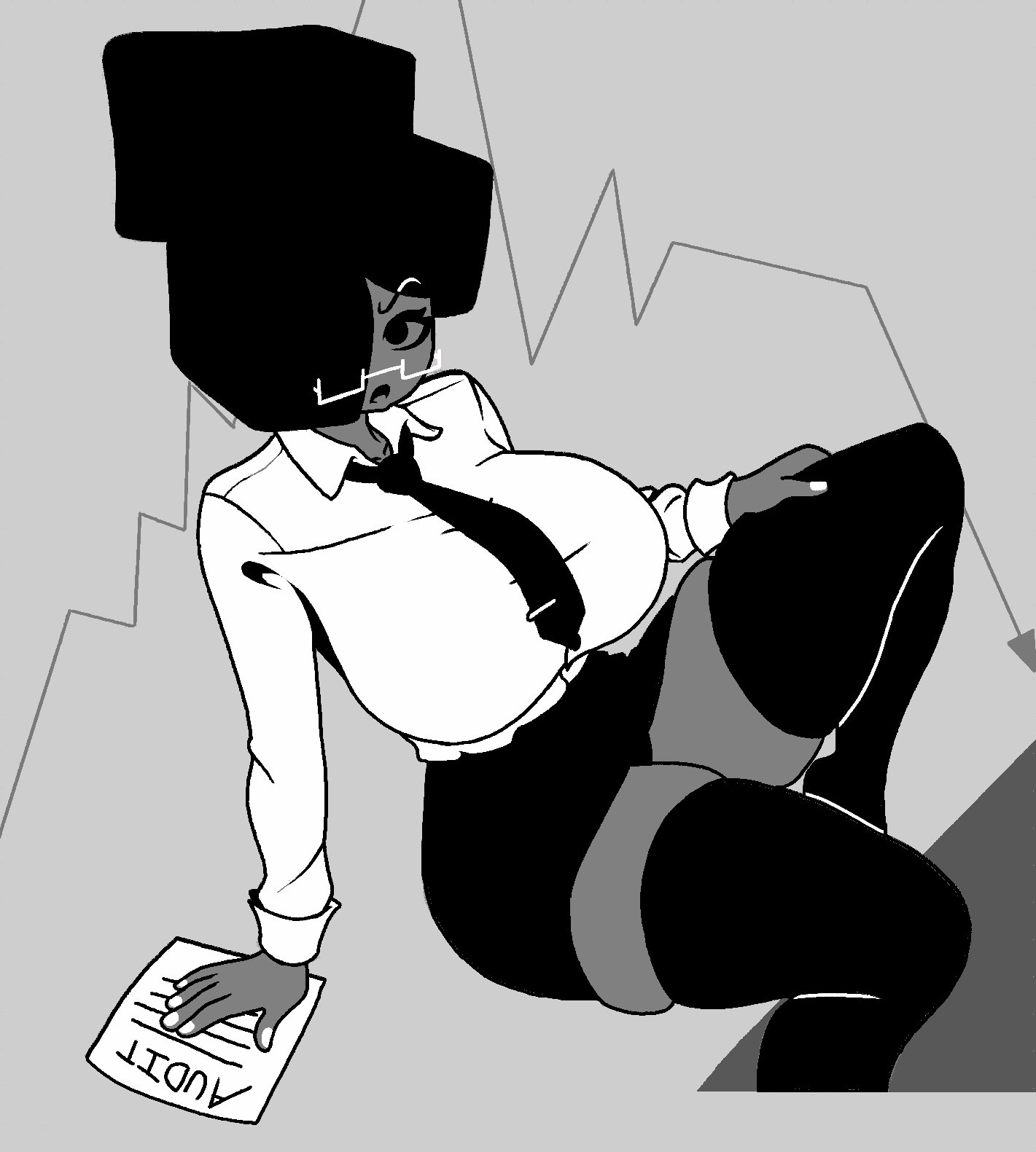 1girls, atastic, barbonius, black eyes, black hair, breasts, female, grey skin, hair covering eye, large breasts, office lady, office lady (atastic), original, original character, shirt, skirt, solo, square glasses, thighhighs, thighs, tie, zettai ryouiki
