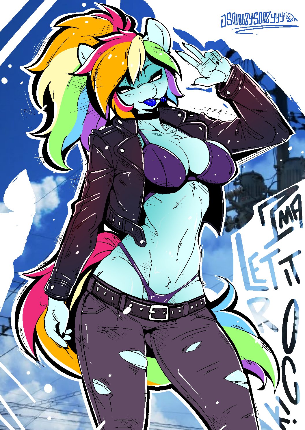 anthro, anthrofied, belt, big breasts, blue skin, bra, breasts, cleavage, clothing, female, jacket, looking at viewer, low pants, my little pony, panties, pony, rainbow dash (mlp), rainbow hair, rainbow tail, smile, snoozysoozyy, tagme, text, torn clothes