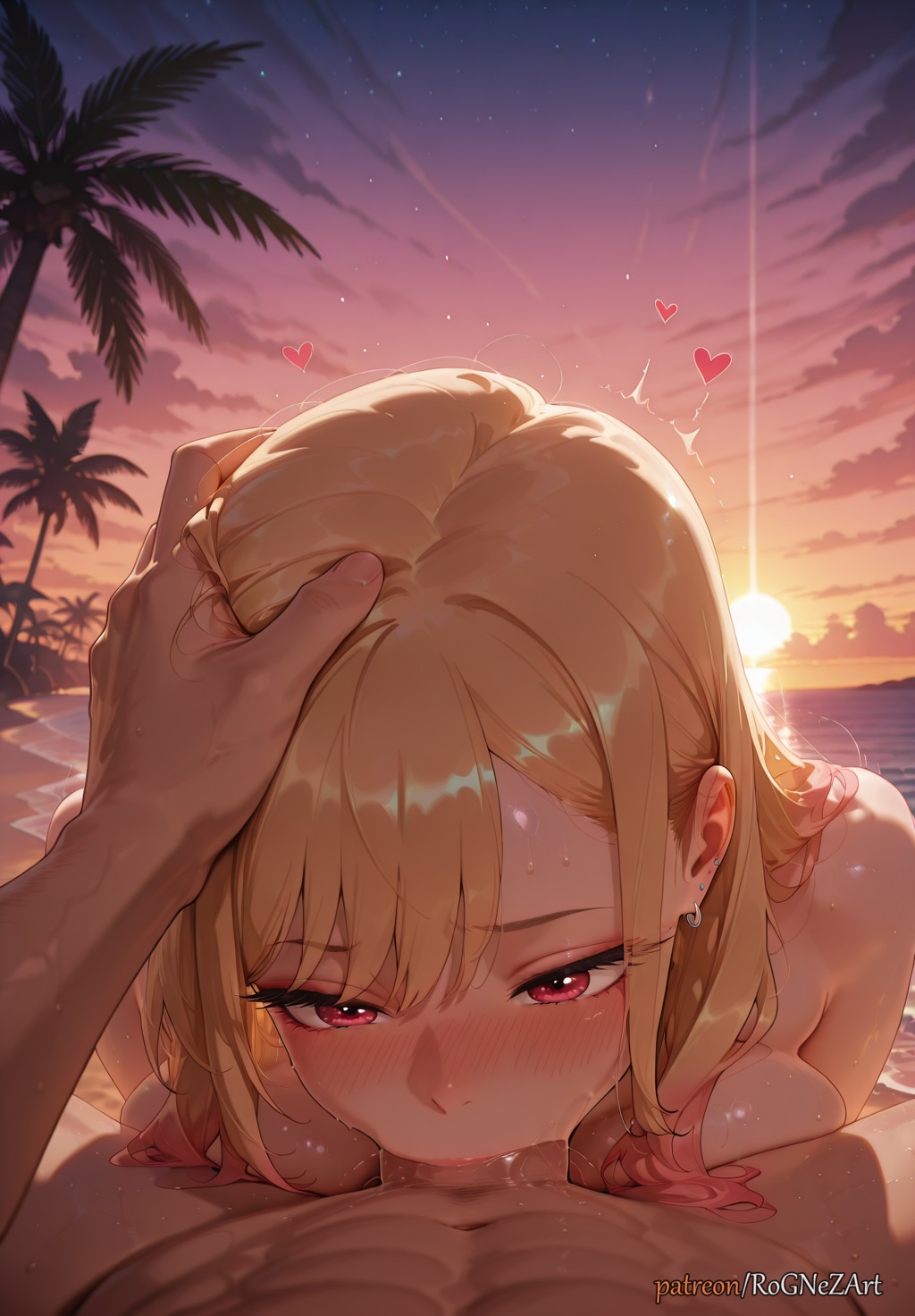 1boy, 2025, ai generated, anime, bangs, blonde hair, blush, breasts, completely nude, crossover, deepthroat, ear piercing, earrings, fellatio, female, female focus, gradient hair, half-closed eyes, hand on another's head, heart, highres, jewelry, kitagawa marin, kuroe shizuku, large breasts, long hair, looking at viewer, male, marin kitagawa, multicolored hair, my dress up darling, nude, oral, outdoors, palm tree, patreon, penis, piercing, pink hair, pov, red eyes, rognezart, saliva, sky, solo, solo focus, sono bisque doll wa koi wo suru, straight, sunset, sweat, tree, water, wet