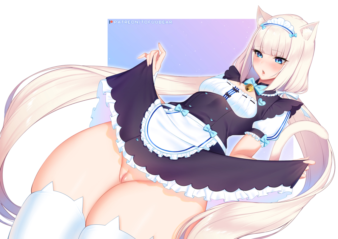 1girls, blush, female, female only, higher resolution available, maid, nekopara, pussy, shaved pussy, skirt, skirt lift, solo, thighhighs, tofuubear, upskirt, vanilla (sayori)
