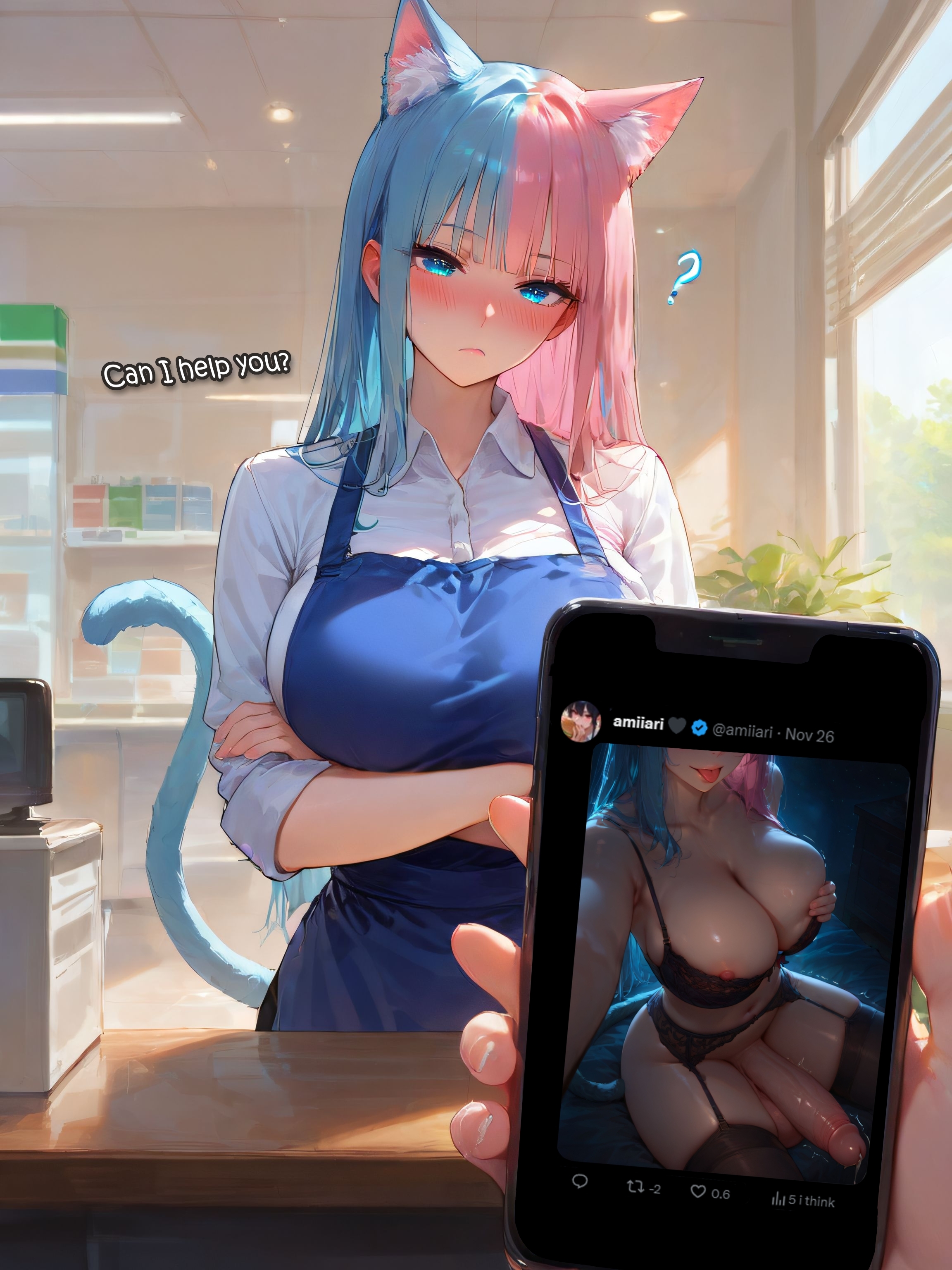 1futa, absurd res, absurdres, ai generated, amiiari, bedroom, big breasts, big penis, black bra, black lingerie, black thighhighs, blue eyes, blue hair, blunt bangs, blush, breasts, cashier, cat ears, cat girl, cat tail, catgirl, confused, covering breast, detailed, dickgirl, dripping, dripping penis, dripping precum, from above, futanari, garter belt, garter straps, highres, holding breast, holding phone, horny, horny futa, huge cock, in heat, intersex, koneko dolls, large, large penis, lingerie, lingerie only, long penis, penis, phone, pink hair, precum, precum drip, precum string, public, question mark, seductive, seductive look, seductive smile, selfie, sitting, skindentation, smug, smug expression, smug eyes, smug face, smug grin, smug smile, solo, solo focus, tagme, thick, thighhighs, thighs, twitter, uniform, voluptuous
