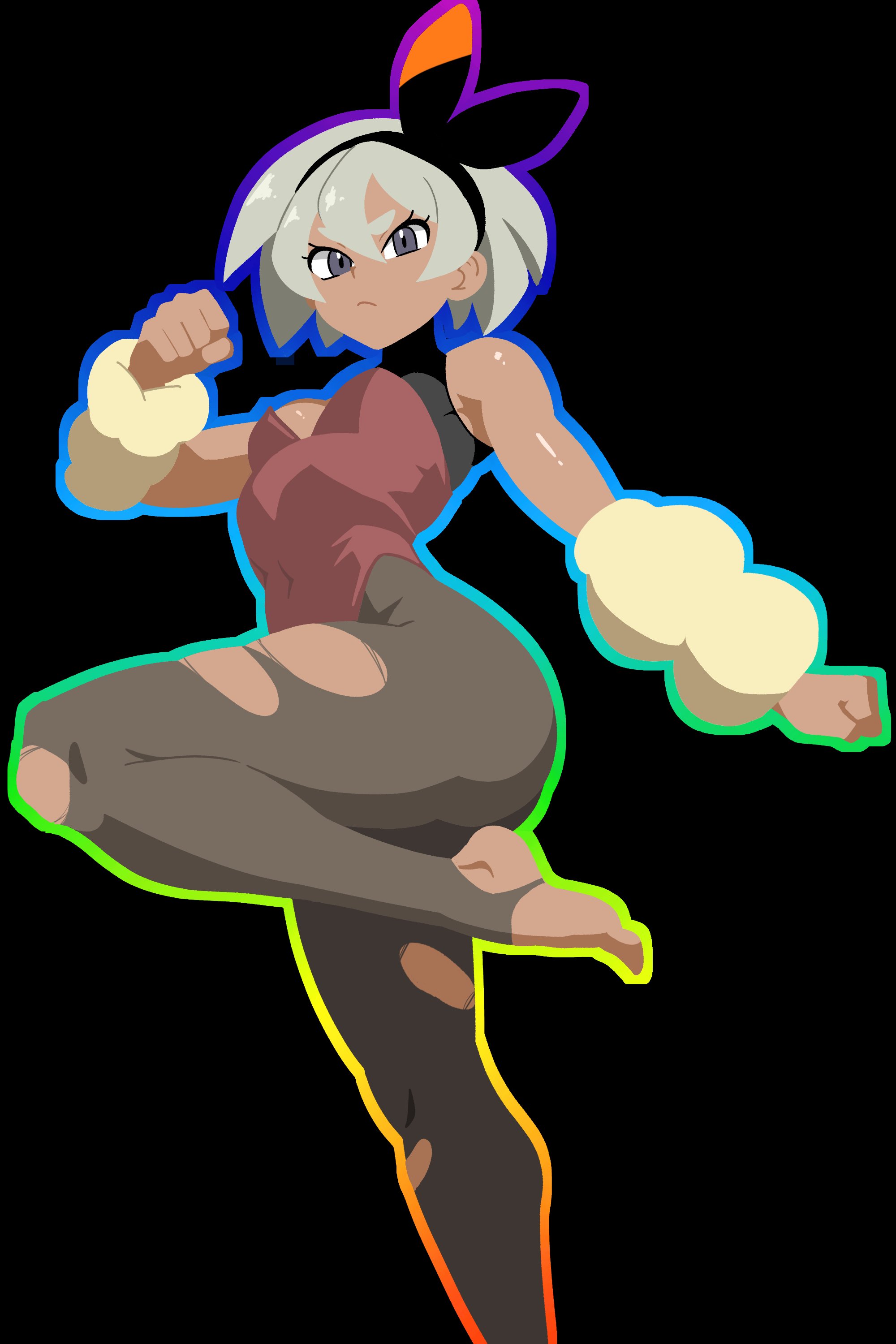 1girls, absurdres, arm warmers, aussy, bare shoulders, barefoot, bea (pokemon), black background, bow, cosplay, covered navel, dark skin, dark-skinned female, female, female only, fighting stance, frown, gen 4 pokemon, grey eyes, grey hair, hair ribbon, hairbow, highres, leotard, looking at viewer, lopunny, mega lopunny, mega lopunny (cosplay), mega pokemon, nintendo, pantyhose, pokemon, pokemon ss, pokemon swsh, rainbow outline, ribbon, saucy aussy, solo, stirrup legwear, stirrup pantyhose, toeless legwear, torn clothes, torn pantyhose