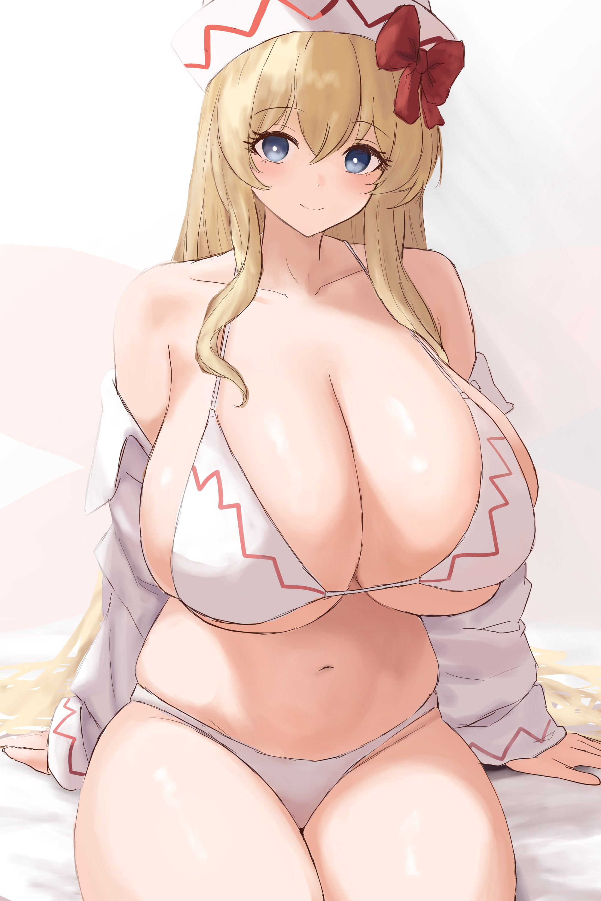 1girls, bikini, blonde hair, blue eyes, breasts, breasts bigger than head, fairy, fairy wings, female, hat, hat ribbon, huge breasts, large breasts, lily white, long hair, looking at viewer, moriforest1040, open clothes, red ribbon, solo, solo focus, thick thighs, touhou, wings