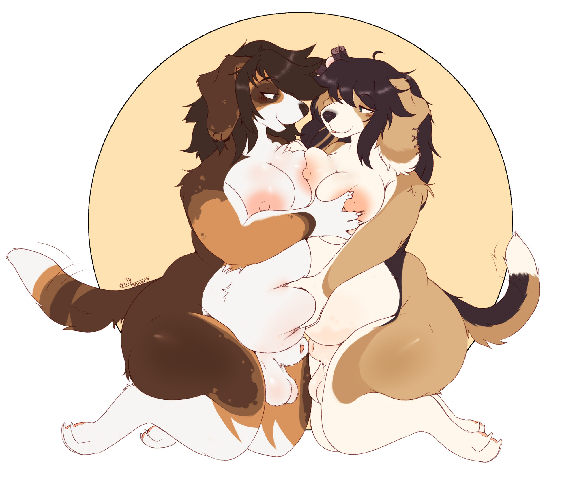 anthro, balls, bbw, big breasts, breasts, canid, canine, canis, cleavage, domestic dog, female, fully sheathed, furry, futanari, huge breasts, intersex, kibblesyourbits, nipples, overweight, sheath, tagme, thick thighs, wide hips, yuri