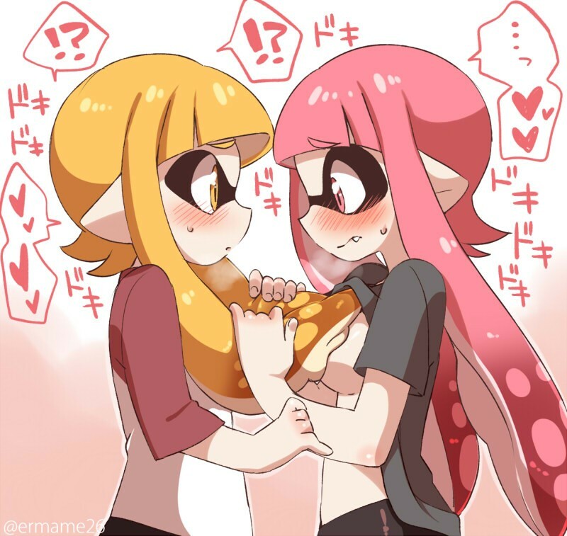 !? ... 2girls anthro blush breast_grab cephalopod cephalopod_humanoid eromame fangs grabbing groping guided_breast_grab heart heartbeat humanoid inkling inkling_girl mask_(marking) multiple_girls nintendo orange_eyes orange_hair pink_eyes pink_hair pointy_ears prehensile_hair shirt_lift splatoon spoken_ellipsis spoken_heart squid tentacle tentacle_hair yuri