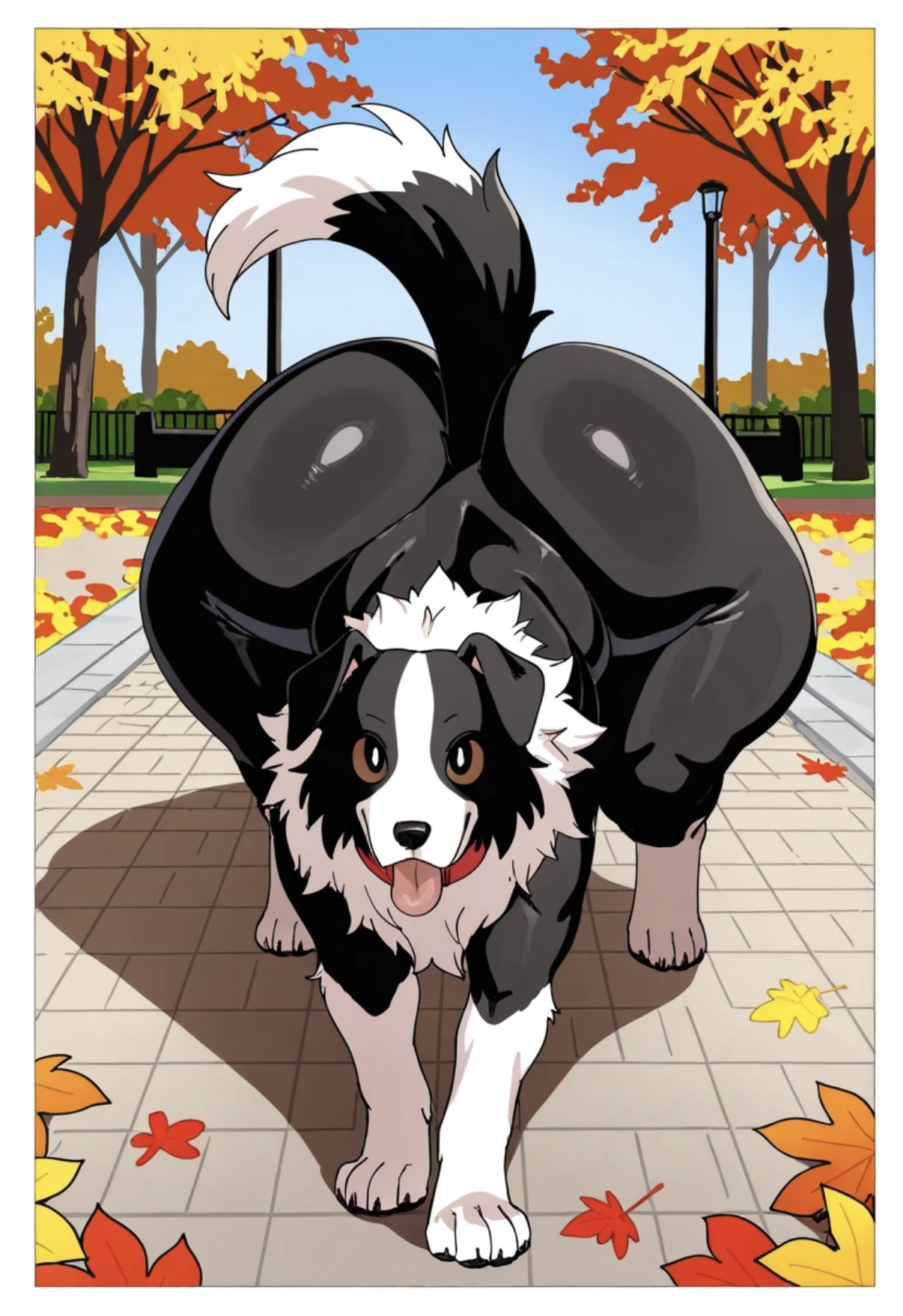 1ambiguous, 1feral, ai generated, all fours, ambiguous gender, animal ears, animal tail, autumn, autumn leaves, black fur, border collie, brown eyes, canid, canine, canis, collar, collar only, collared, domestic dog, fat ass, feral, feral focus, feral only, fur, huge ass, lamppost, leaves, leaves on ground, looking at viewer, on all fours, park, paws, plappable, quadruped, seaart.ai, sky, sluttychick, tagme, tail, thick ass, thick thighs, tongue, tongue out, tree, white fur, wide hips