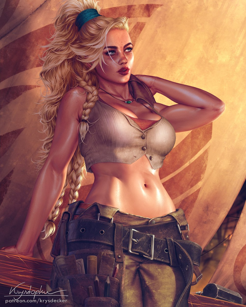 1girls, blacksmith, breasts, capcom, clothed, female, gemma (monster hunter wilds), krysdecker, long hair, midriff, monster hunter wilds, sweaty, tagme