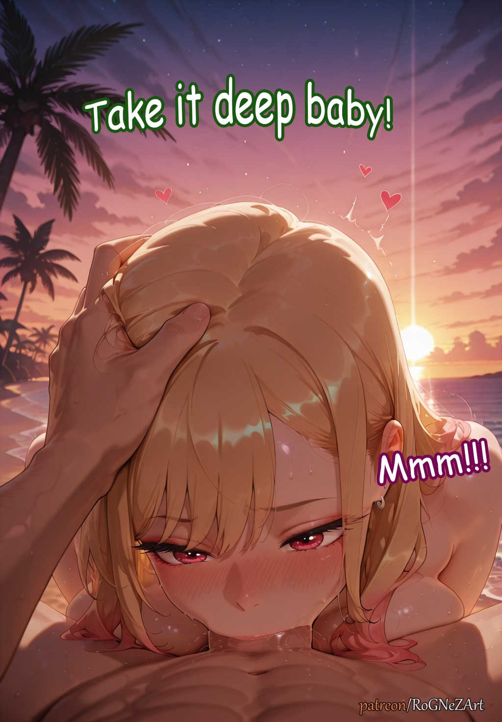 1boy, 2025, ai generated, anime, bangs, blonde hair, blush, breasts, completely nude, crossover, ear piercing, earrings, english text, fellatio, female, female focus, gradient hair, half-closed eyes, hand on another's head, heart, highres, jewelry, kitagawa marin, kuroe shizuku, large breasts, long hair, looking at viewer, male, marin kitagawa, multicolored hair, my dress up darling, nude, oral, outdoors, palm tree, patreon, penis, piercing, pink hair, pov, red eyes, rognezart, saliva, sky, solo, solo focus, sono bisque doll wa koi wo suru, straight, sunset, sweat, swept bangs, tree, water