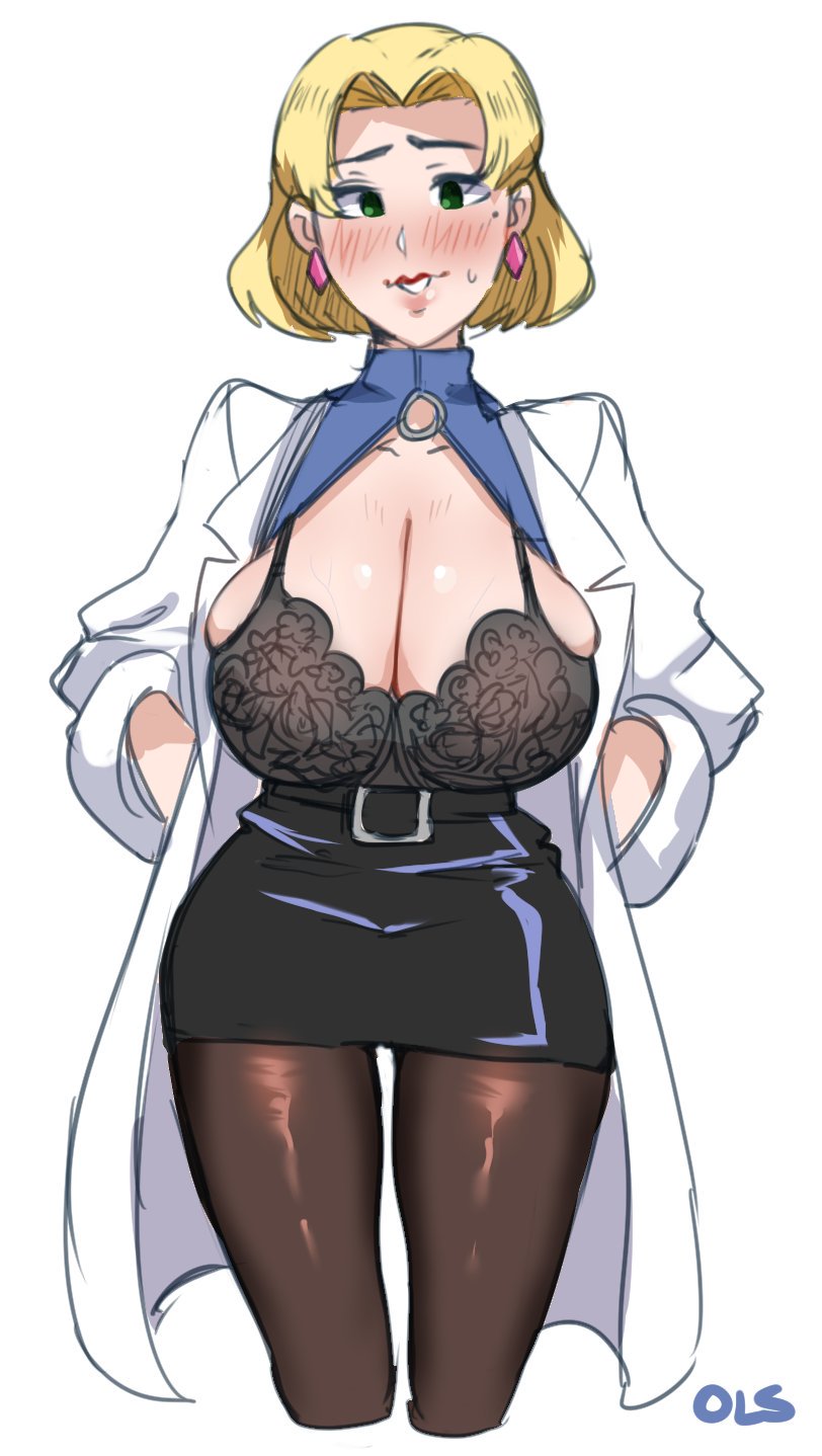1girls, 2018, beauty mark, big breasts, blonde hair, blush, bra, breasts, clothing, curvy, earrings, female, gainax, green eyes, human, labcoat, large breasts, light skin, light-skinned female, lightsource, looking at viewer, mole, mole under eye, neon genesis evangelion, pantyhose, ritsuko akagi, scientist, short hair, short skirt, skirt, solo, sweat, thick thighs, white background, white skin