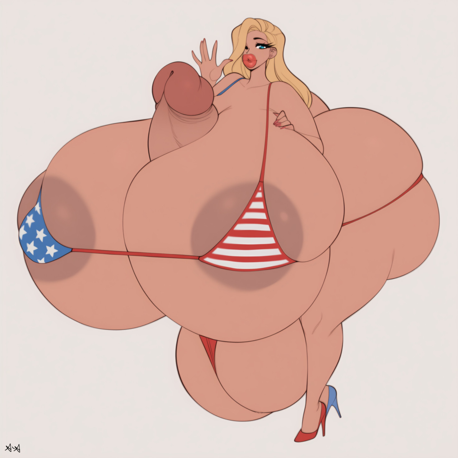 1futa, american flag, american flag bikini, apparent-apparatus, autopaizuri, balls, big lips, bikini, bimbo, bimbo lips, blonde, blonde female, blonde hair, breasts, casual autopaizuri, casual erection, futa only, futanari, heels, huge lips, hyper, hyper ass, hyper balls, hyper bimbo, hyper breasts, hyper butt, hyper hourglass, hyper penis, hyper tits, intersex, penis, solo