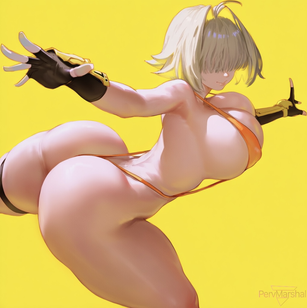 ai generated, blonde hair, breasts, covered eyes, dynamic pose, elegg (nikke), female, female only, goddess of victory: nikke, huge ass, huge breasts, marshalperv, pervmarshal, plump, reaching towards viewer, shiny skin, short hair, simple background, sling bikini, slingshot swimsuit, thick thighs, wide hips, yellow background