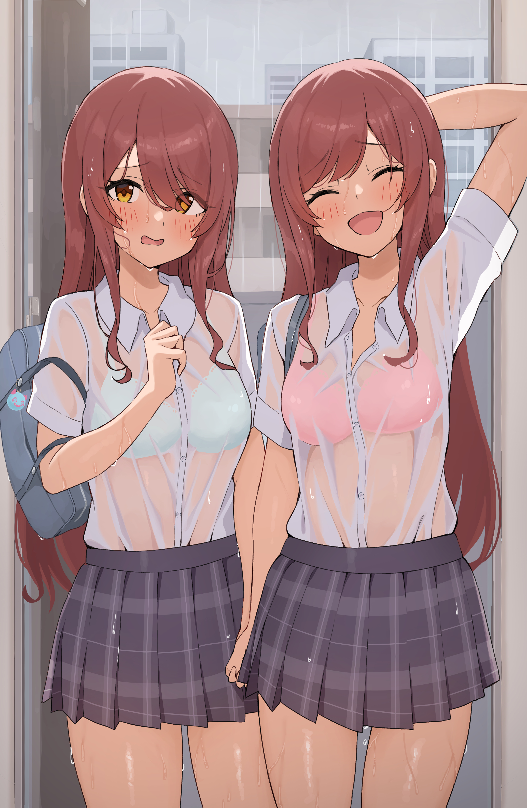 2girls, absurdres, arm behind head, arm up, bag, black skirt, blue bag, blush, bra, bra visible through clothes, building, closed eyes, collared shirt, commentary request, cowboy shot, embarrassed, female, hair between eyes, highres, holding hands, idolmaster, idolmaster shiny colors, looking at viewer, multiple females, multiple girls, open mouth, osaki amana, osaki tenka, peanut mouth, pink bra, plaid clothes, plaid skirt, pleated skirt, rain, red hair, school bag, school uniform, see-through clothes, see-through shirt, shirt, short sleeves, siblings, sisters, skirt, twins, underwear, wanimaru, wet, wet clothes, wet hair, wet shirt, white bra, white shirt, yellow eyes