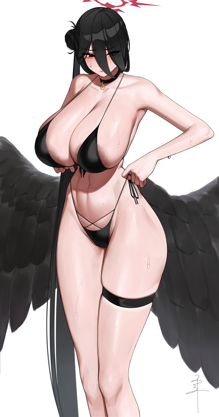 1girls, areola slip, bare shoulders, bikini, black bikini, black hair, black wings, blue archive, blush, breasts, cleavage, collarbone, curvy, female, female only, front-tie bikini top, front-tie top, groin, hair between eyes, hair bun, halo, hasumi (blue archive), hasumi (swimsuit) (blue archive), highres, huge breasts, large areolae, long hair, long hair between eyes, looking down, low wings, navel, pendant choker, red eyes, red halo, senju (snz0), side ponytail, side-tie bikini bottom, single side bun, skindentation, solo, swimsuit, thigh strap, thighs, very long hair, wings