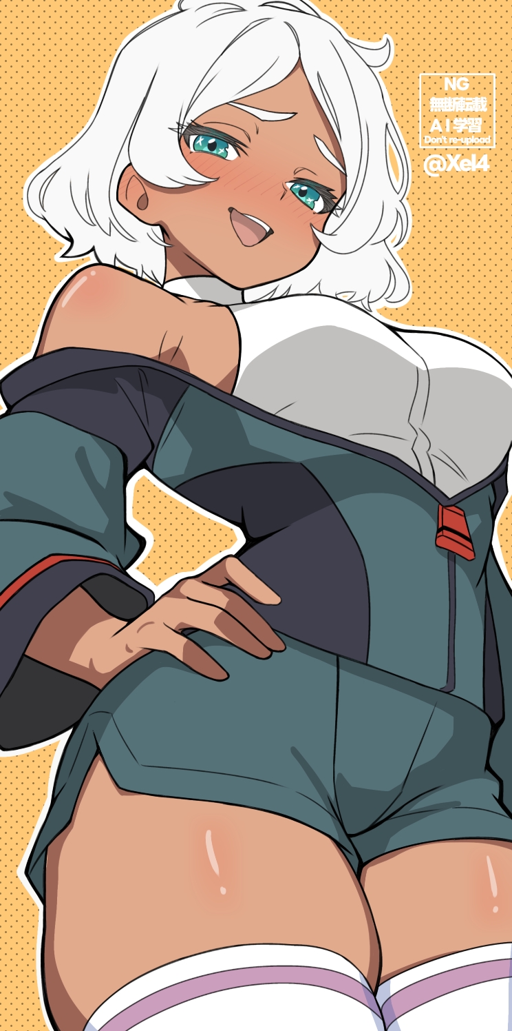 1girls, aqua eyes, blush, breasts, female, female only, gundam, gundam suisei no majo, highres, jacket, large breasts, looking at viewer, medium hair, open mouth, secelia dote, shirt, shorts, skindentation, sleeveless, sleeveless shirt, solo, standing, teeth, thighhighs, turtleneck, turtleneck shirt, upper teeth only, white hair, white shirt, white thighhighs, xel4, zettai ryouiki