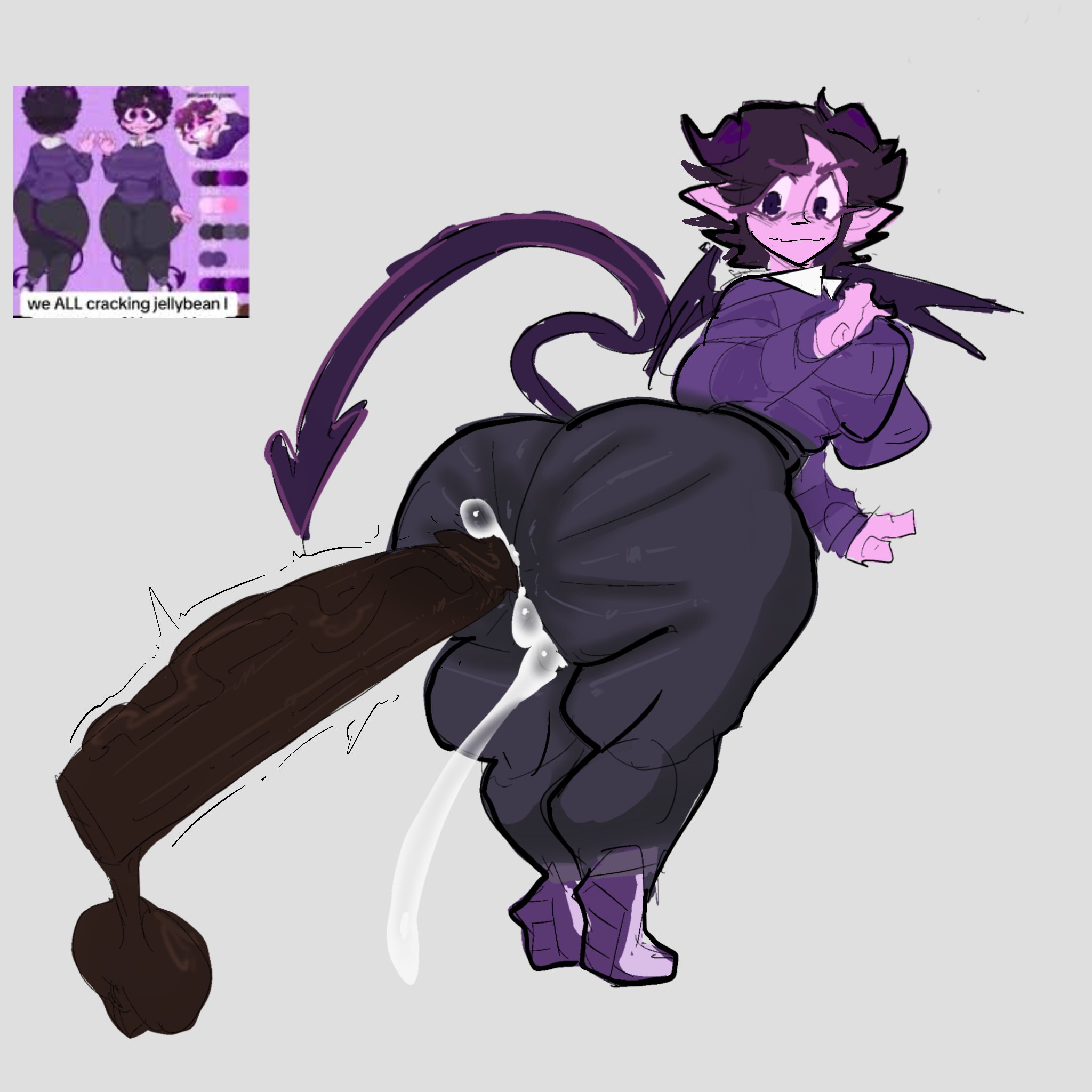 1boy, 1girls, balls, big ass, big breasts, big penis, breasts, demon, demon girl, demon horns, demon tail, faceless male, female, fully clothed, greaseyhair, huge ass, huge balls, huge breasts, huge cock, hyper, hyper penis, jellybean (mcyt), male, mcyt, minecraft, minecraft youtubers, penis, pink body, pngtuber, precum, teasing, twitch, twitch streamer, twitch.tv, twitter, twitter username, youtube, youtuber, youtubers