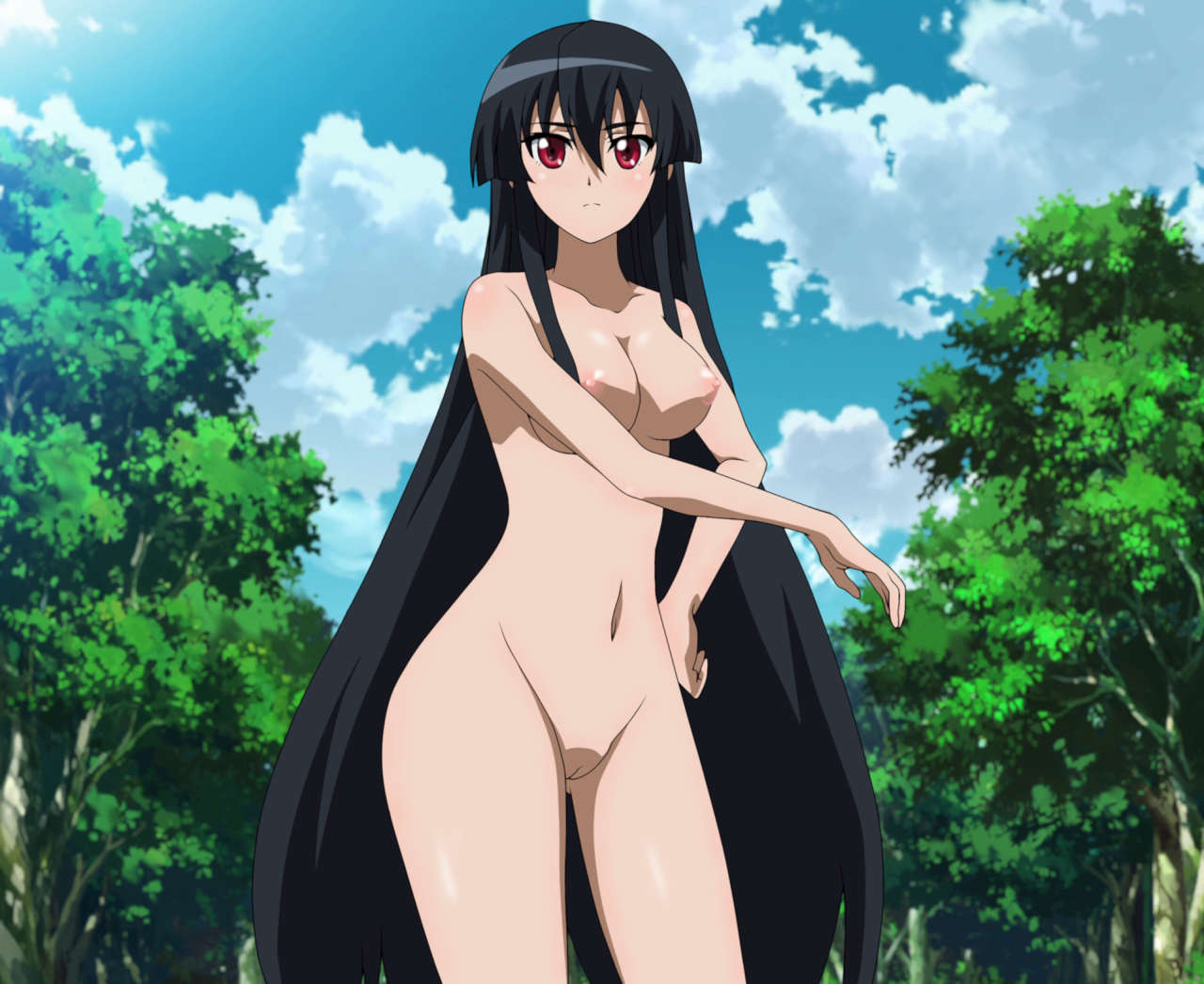 akame (akame ga kill!), akame ga kill!, black hair, edited, nude, nude filter, red eyes, solo, tagme