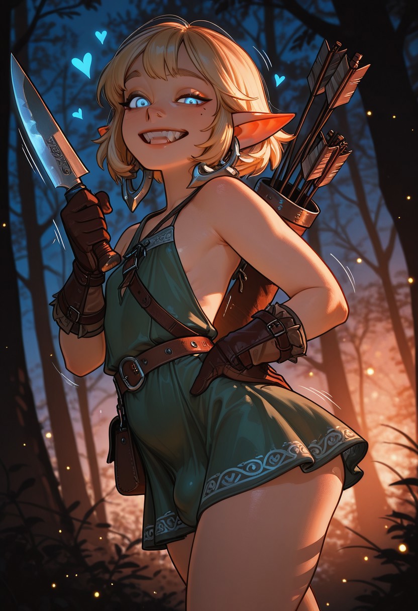 1boy, 1femboy, 2025, ai generated, alternate version available, archer, arrow, arrows, ass, balls, big ass, blonde hair, blue eyes, blush, bulge, crossdressing, dress, elf, elf ears, elf femboy, femboy, feminine male, forest, girly, green dress, hand on own waist, hand on waist, knife, looking at viewer, male, morningscifi, night, outdoors, outside, quiver, shiny eyes, testicles, thick thighs, thighs, trap