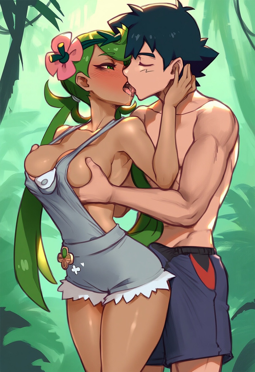 1boy, 1girls, ai generated, aksn, bare arms, bare legs, bare shoulders, bare thighs, big breasts, black hair, breasts, bulge, color, female, game freak, green hair, hi res, kissing, large breasts, light skin, light-skinned female, male, male/female, mallow (pokemon), nintendo, pants bulge, pokemon, pokemon sm, pokemon trainer, satoshi (pokemon), short hair, thick thighs