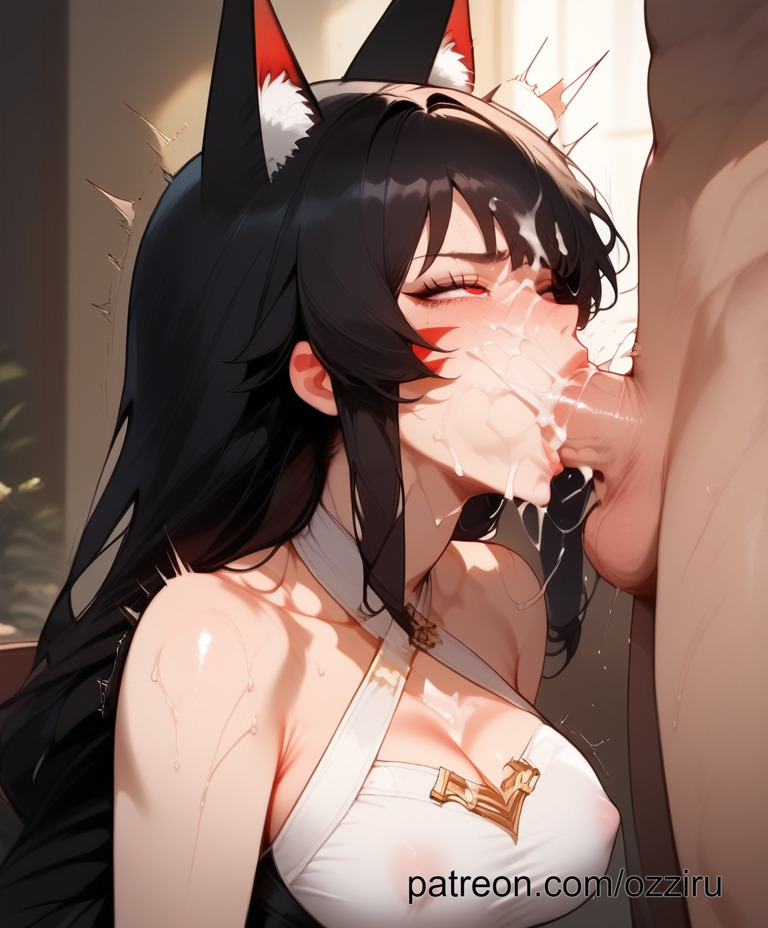 ahri ai_generated black_hair blowjob cat_ears catgirl cum cum_in_mouth cum_inside cum_on_face cumshot deepthroat fellatio female league_of_legends ozziru vastaya
