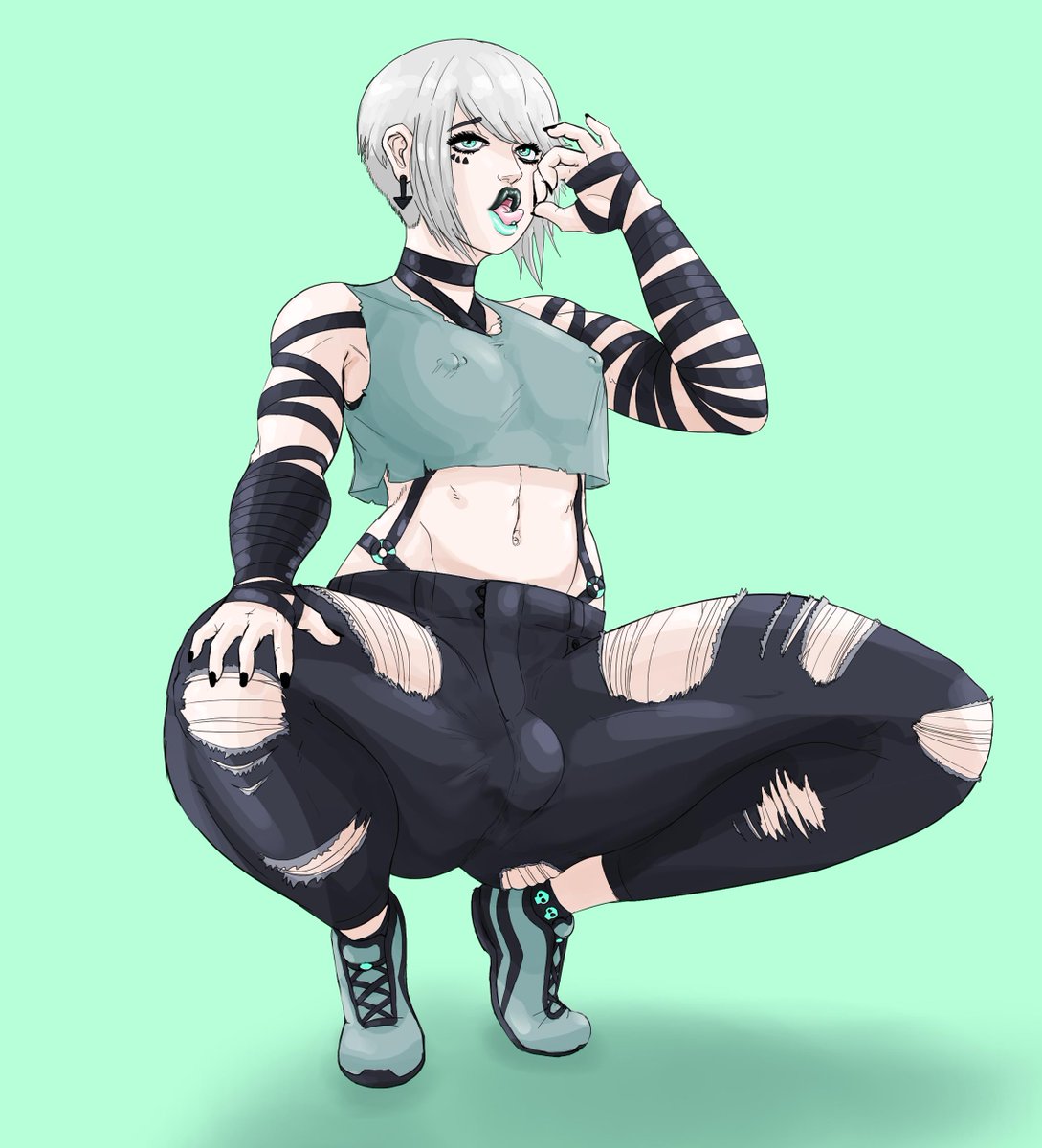 1boy, 2019, areolae, axred7, black nails, bulge, crop top, femboy, flaccid, girly, goth, makeup, male, male only, navel, nipples visible through clothing, penis, piercing, solo, thick thighs, toned, torn clothing, trap