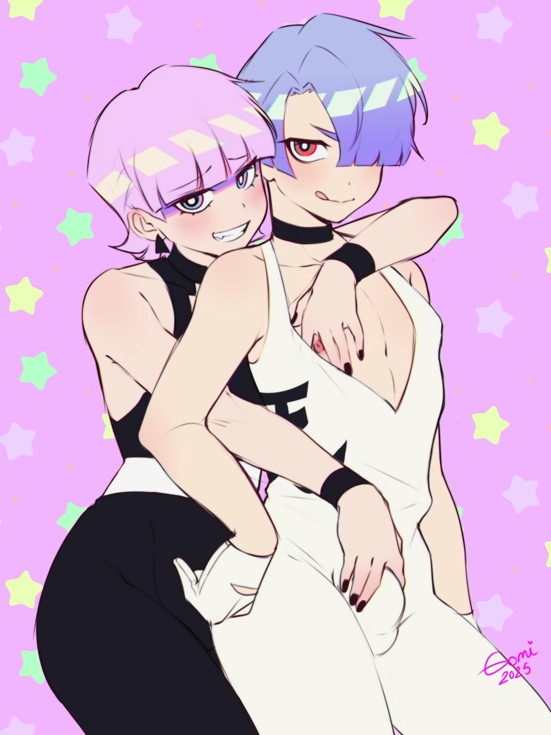 2boys, blue hair, brother, brothers, bulge, bulge grab, choker, earrings, exposed nipples, fanart, femboy, femboy only, gloves, gomi-cake, groping, hair over one eye, hug from behind, incest, licking lips, light skin, light-skinned male, male, male only, multiple boys, multiple males, painted nails, pale skin, panty & stocking with garterbelt, pink hair, polyester (psg), polyurethane (psg), reach around, studio trigger, yaoi