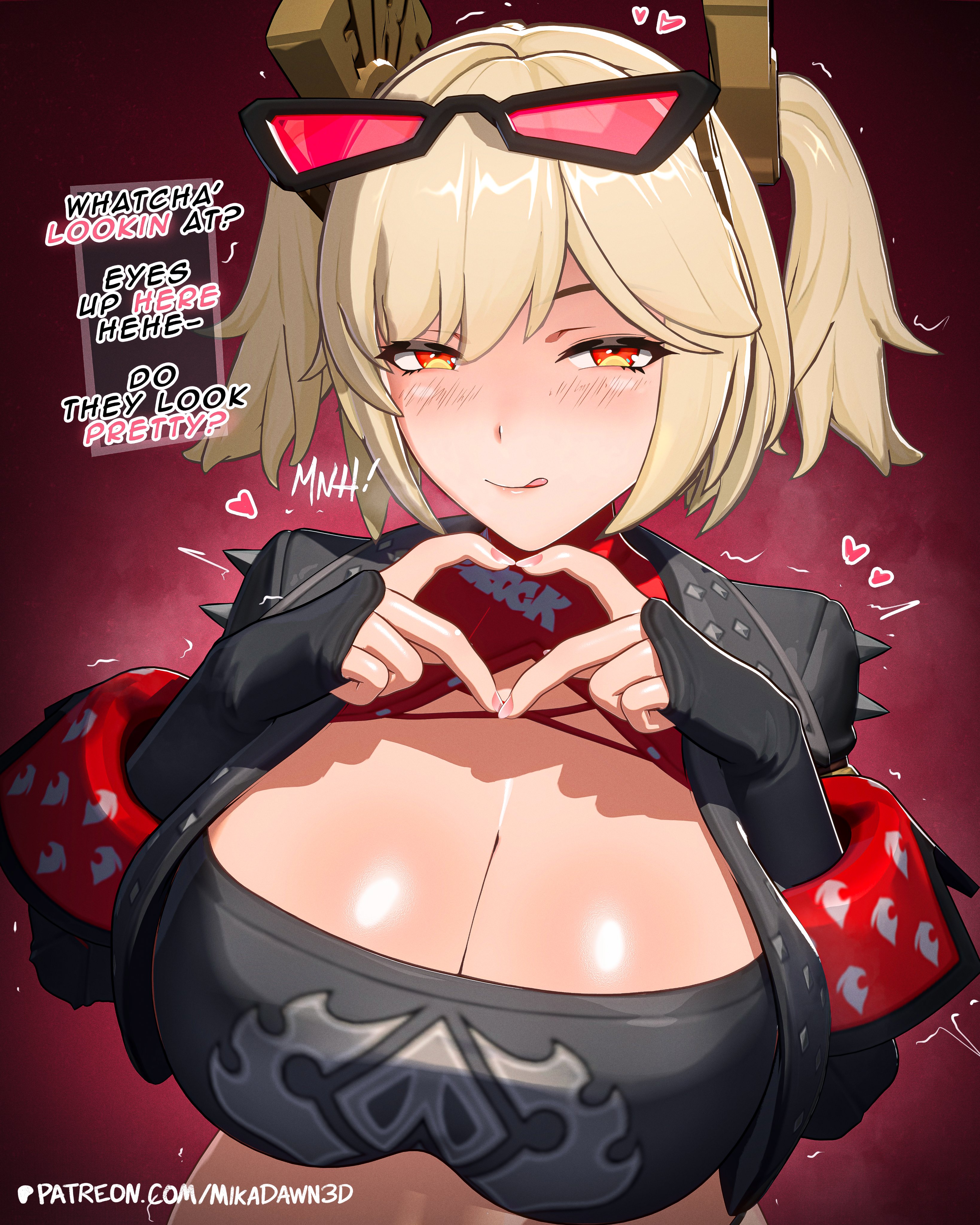 1girls, big breasts, blonde hair, blush, breasts, burnice white, dialogue, eyewear on head, female, female focus, female only, gigantic breasts, huge breasts, looking at viewer, mikadawn, red eyes, solo, tagme, text, thick hips, twintails, zenless zone zero