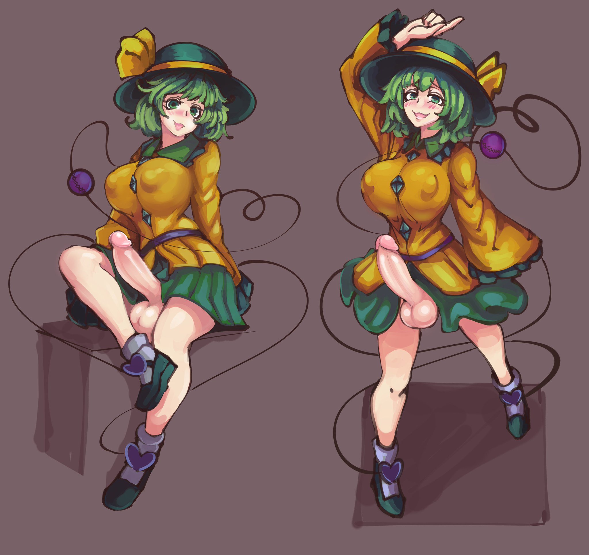 :3, 1futa, balls, blush, bottomless skirt, breasts, curvy, erect nipples, erection, erection under clothes, erection under skirt, futa only, futanari, hat, huge breasts, intersex, koishi komeiji, large balls, large penis, looking at viewer, nicecream, nipple bulge, nipples, no panties, penis, penis out, penis under clothes, penis under skirt, skirt, skirt lift, solo futa, touhou