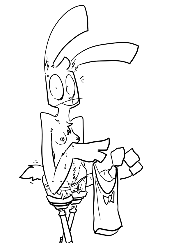 2021 amputee anthro black_and_white bonworth_(roommates) breasts buckteeth clothing disability female genitals hare holding_clothing holding_object lagomorph leporid long_arms looking_at_viewer mammal missing_leg monochrome mtf_crossgender nude prosthetic prosthetic_leg prosthetic_limb pubes pussy rabbit roommates:motha rule_63 simple_background slim small_breasts solo standing surprise teeth the_weaver white_background
