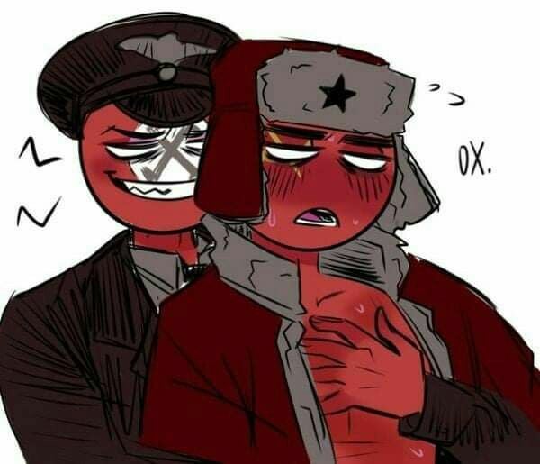 2boys, artist request, breasts, countryhumans, gay, groping, groping breasts, male, male only, military uniform, moaning, nazi germany (countryhumans), nazi uniform, sexual harassment, sharp teeth, smile, soviet union (countryhumans), swastika, unbuttoned shirt, ushanka, yaoi