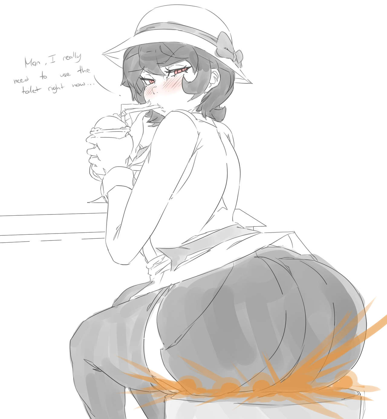 ass, ass bigger than head, ass focus, big ass, big butt, black and white, fart, fart fetish, farting, female, filia (skullgirls), gassy, gassy female, lazei, skullgirls, stool (chair)