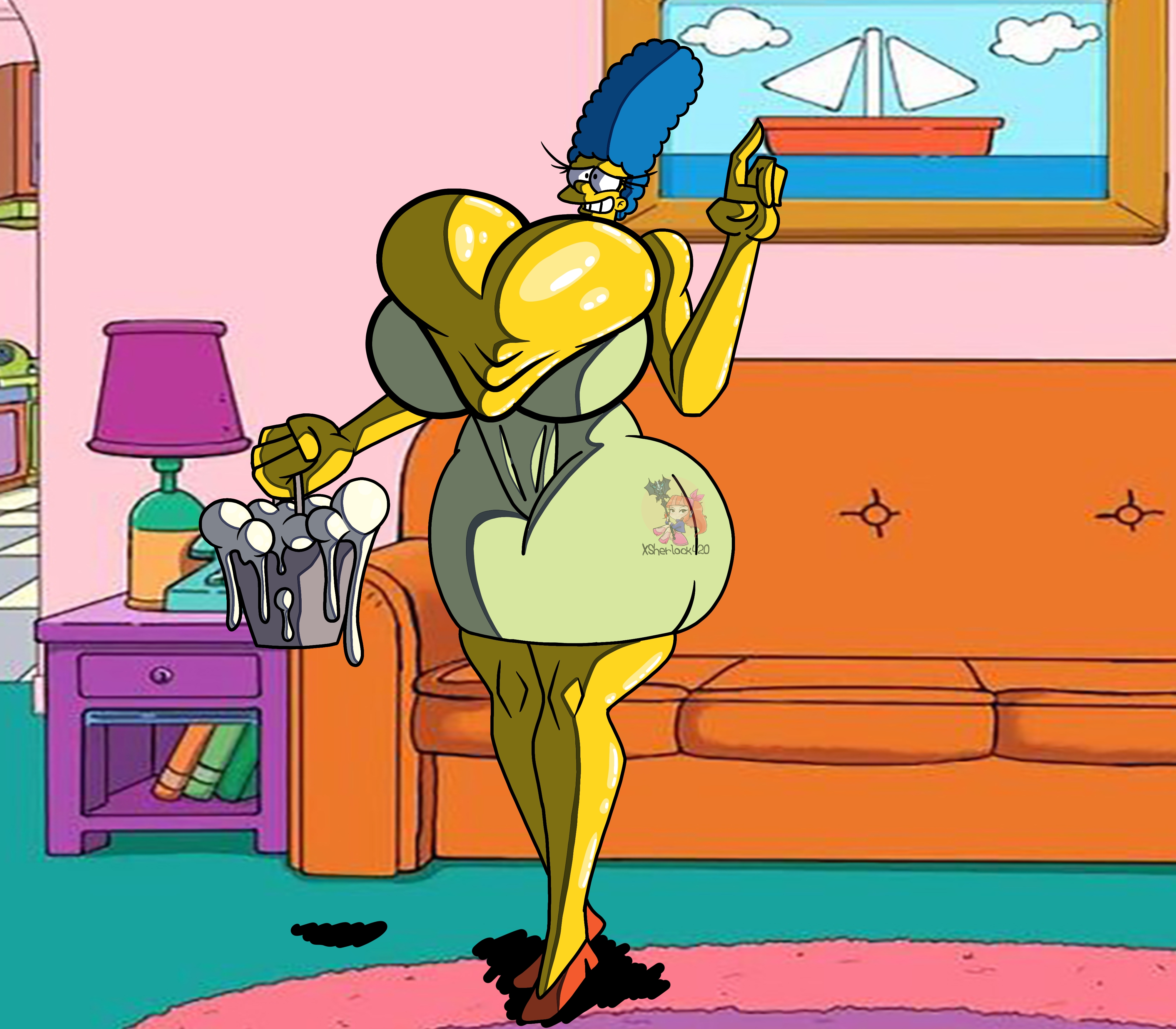 ass, ballbies, balls, balls as breasts, big ass, big balls, big butt, breasticles, breasts, bucket, bucket of cum, chesticles, clothed, cum in container, futa only, futanari, huge ass, intersex, marge simpson, nervous, nervous smile, self upload, standing, the simpsons, thicc, thick balls, wide hips, xsherlock420 (artist)