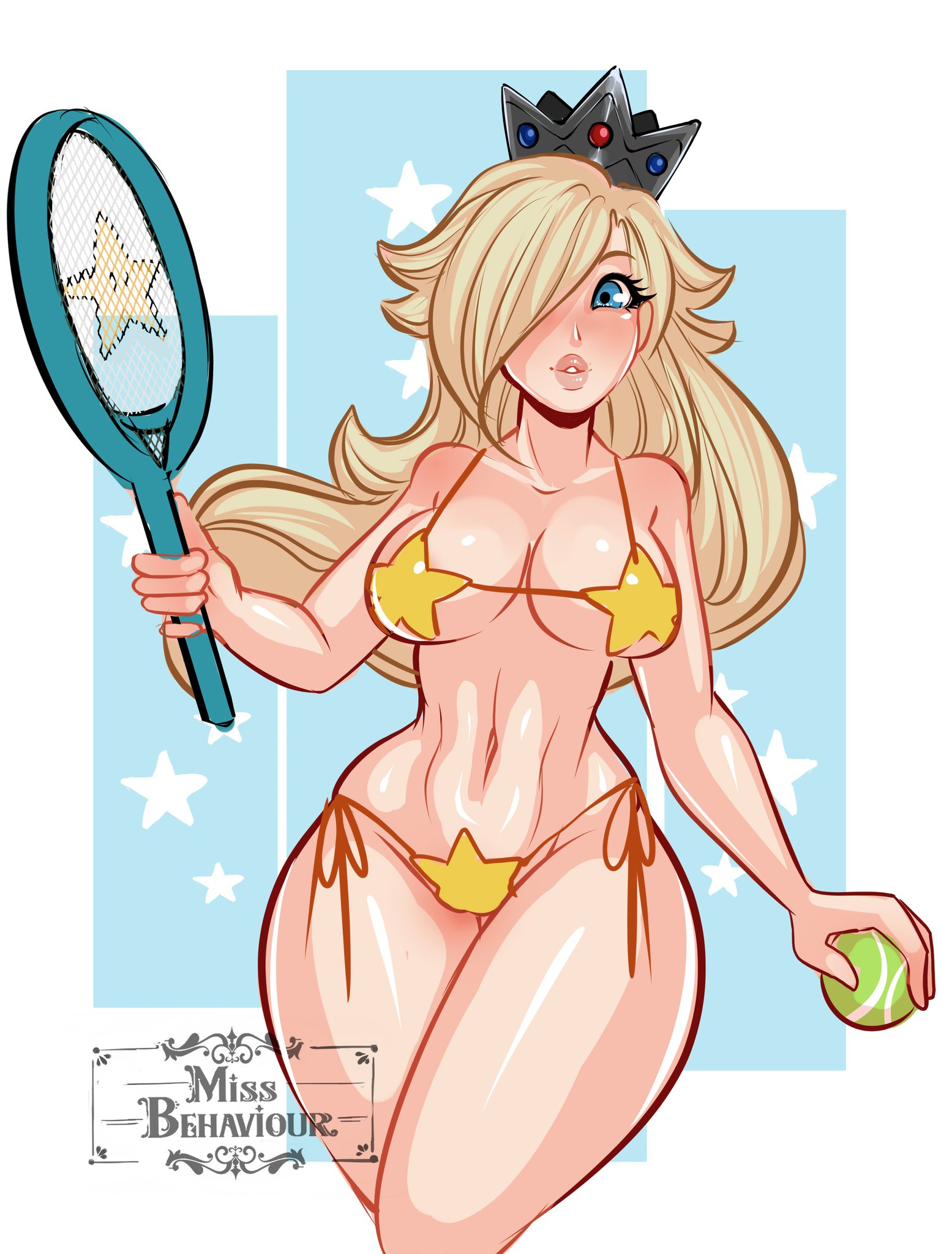 1girls, big breasts, bikini, blonde hair, blue eyes, breasts, cleavage, clothing, crown, curvy, female, female only, hair, hair over one eye, human, long hair, mario (series), mario tennis, missbehaviour, navel, nintendo, princess, princess rosalina, solo, star bikini, tennis ball, tennis racket, thick thighs, thighs, video games