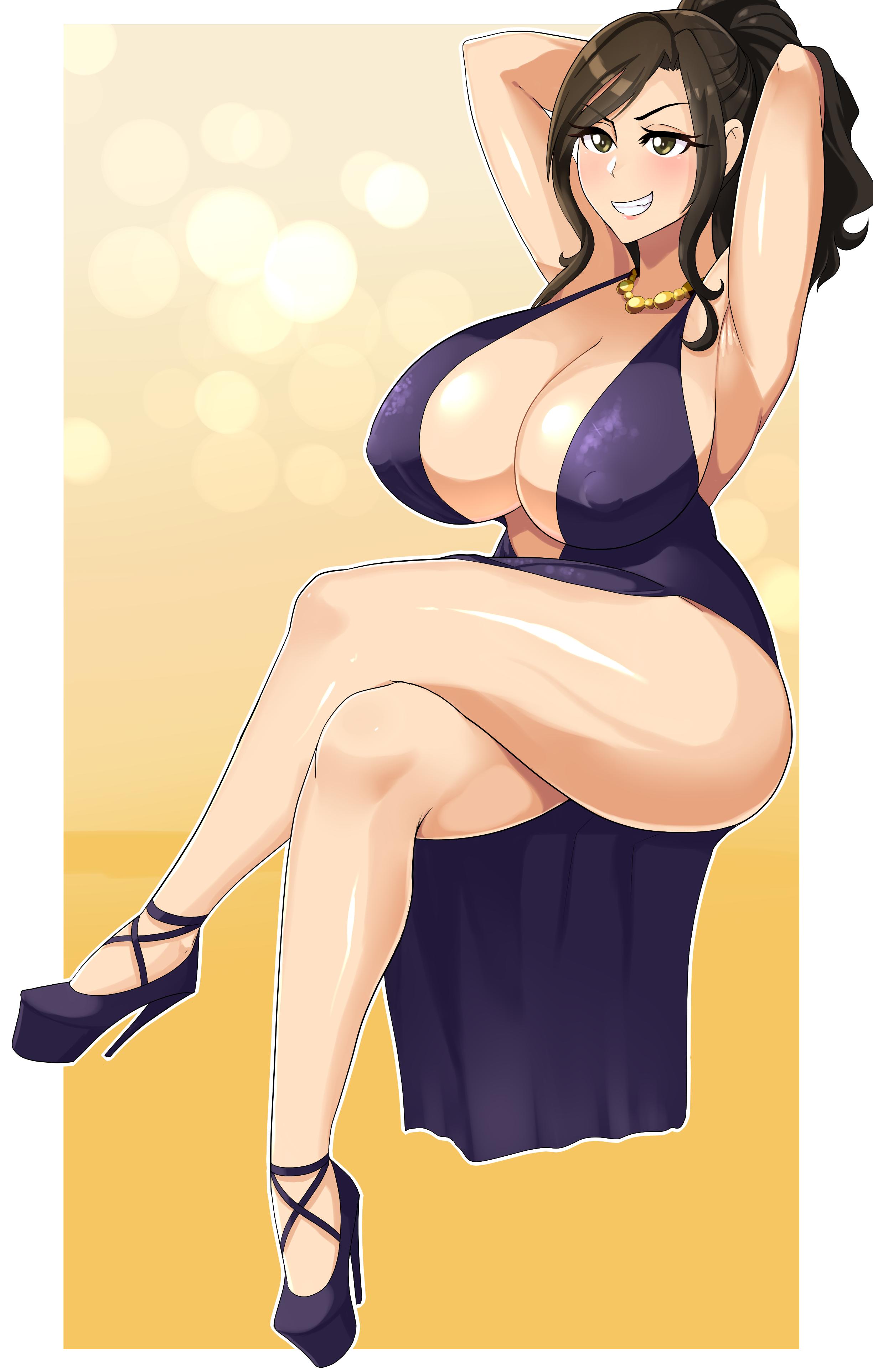 1girls, armpits, big breasts, blush, breasts, brown hair, cleavage, crossed legs, dress, erect nipples, erect nipples under clothes, female, female only, green eyes, hands behind head, high heels, huge breasts, idolmaster, legs, mukai takumi, necklace, nipples, smile, solo, thick thighs, xiceowl