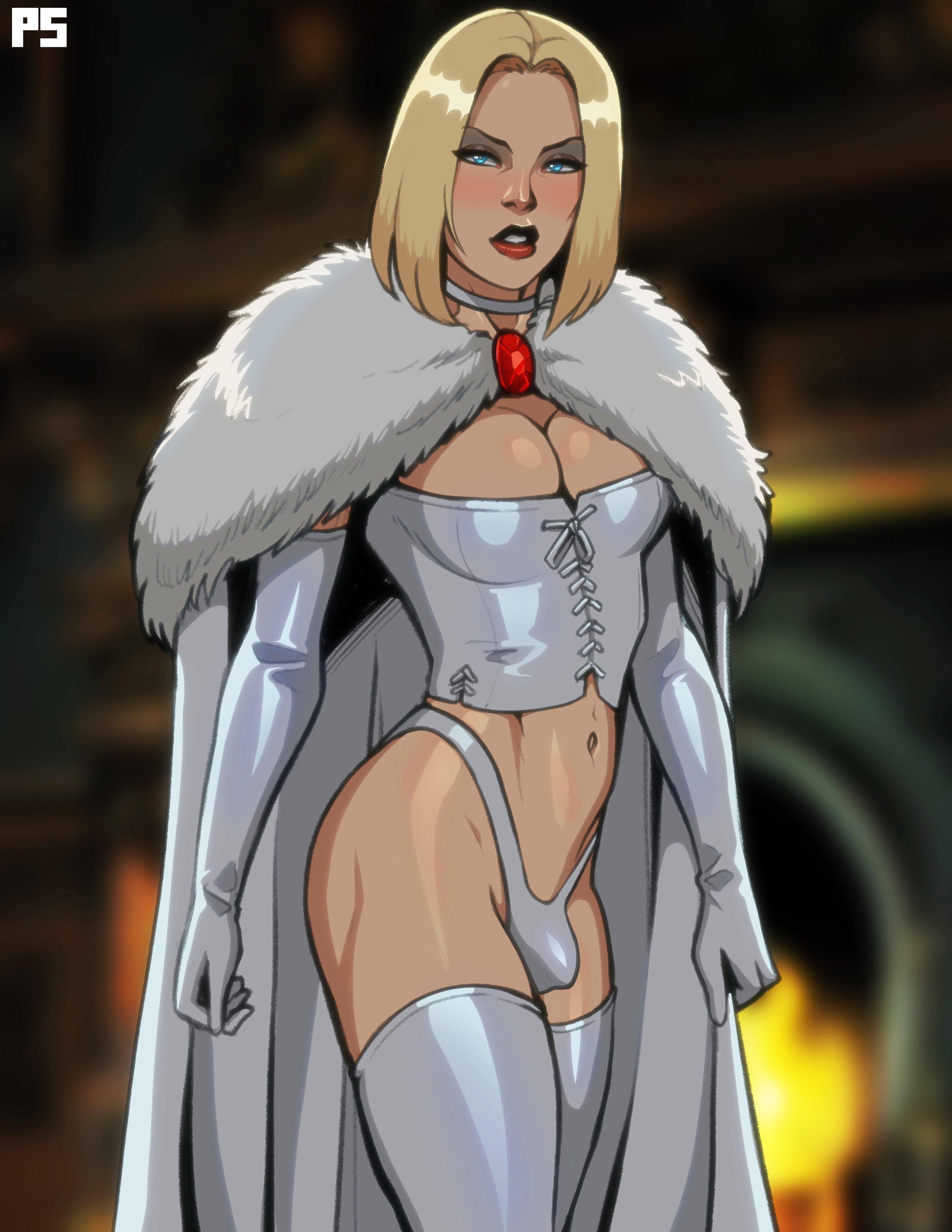 1futa, absurd res, armwear, blonde hair, blue eyes, blurry background, blush, bulge, cape, corset, emma frost, fur coat, futa only, futanari, intersex, legwear, looking at viewer, marvel, marvel comics, medium hair, narrowed eyes, penis, penis bulge, pumpkinsinclair, red lipstick, solo, thong, white armwear, white clothing, white gloves, white legwear, white queen, x-men