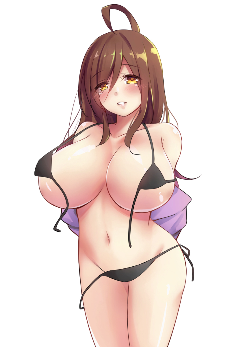 breasts, brown eyes, brown hair, female, half naked, huge breasts, kono subarashii sekai ni shukufuku wo!, long hair, looking at viewer, swimsuit, wiz (konosuba)