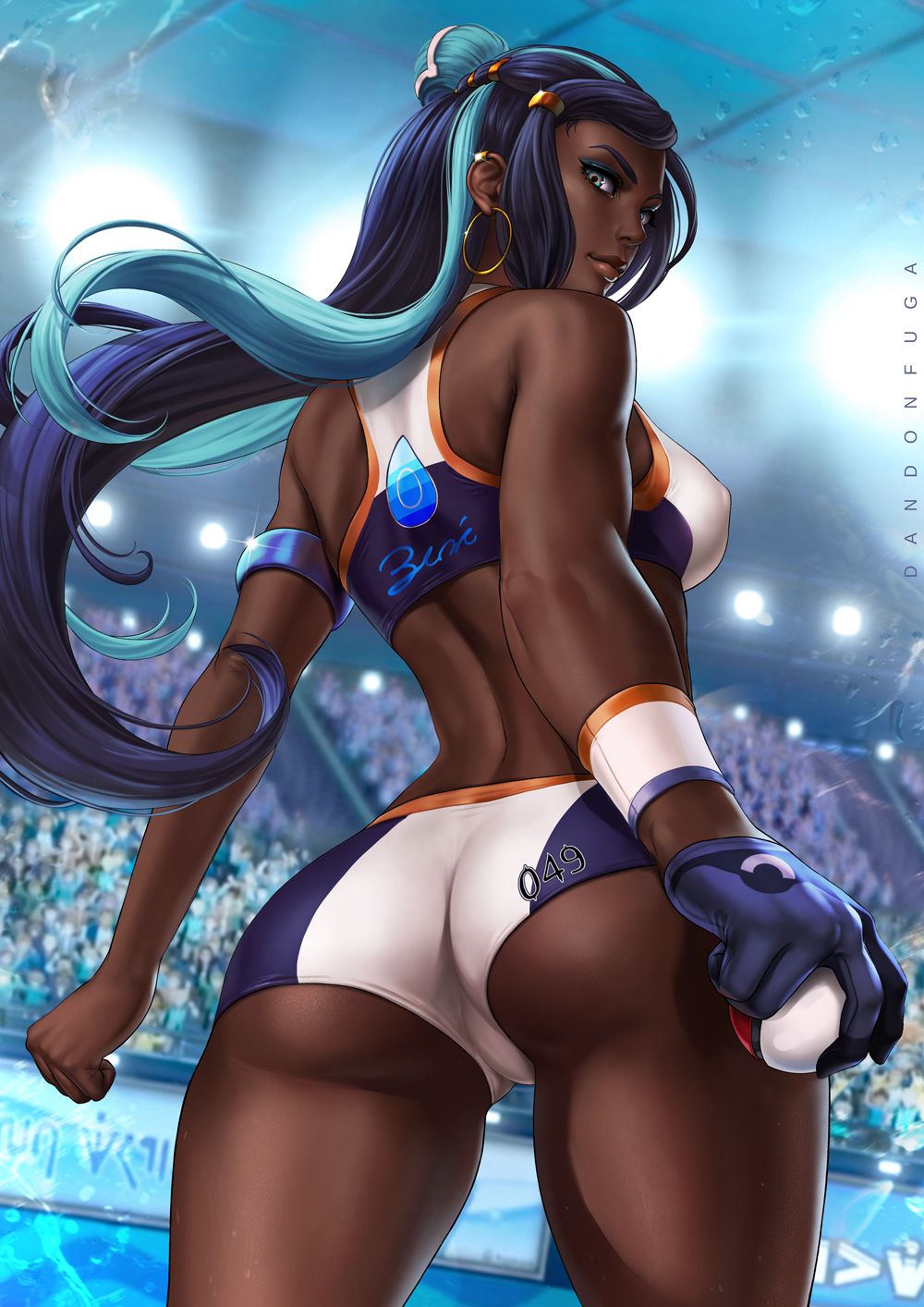 1girls, alternate breast size, ass, audience, back, back view, being watched, big ass, big breasts, blue eyes, blue hair, breasts, bubble ass, bubble butt, cameltoe, cleavage, clothed, clothing, dandon fuga, dark skin, dark-skinned female, deviantart, earrings, eye contact, eyelashes, eyeshadow, female, female only, gloves, golden earrings, human, human only, long hair, looking at viewer, looking back, looking down, makeup, medium breasts, nessa (pokemon), nintendo, pokemon, pokemon ss, pussy, solo, solo female, solo focus, standing, text, thick thighs, thigh gap, very dark skin, watermark, wide hips