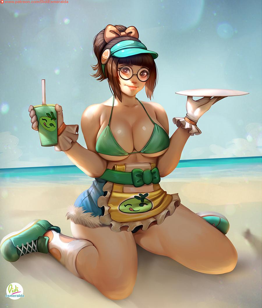 1girls alternate_costume apron big_breasts big_thighs bikini bra breasts brown_eyes brown_hair cleavage didi_esmeralda female female_only glasses gloves green_bikini honeydew_mei large_breasts looking_at_viewer mei_(overwatch) overwatch ponytail short_shorts shorts sitting solo swimsuit wide_hips