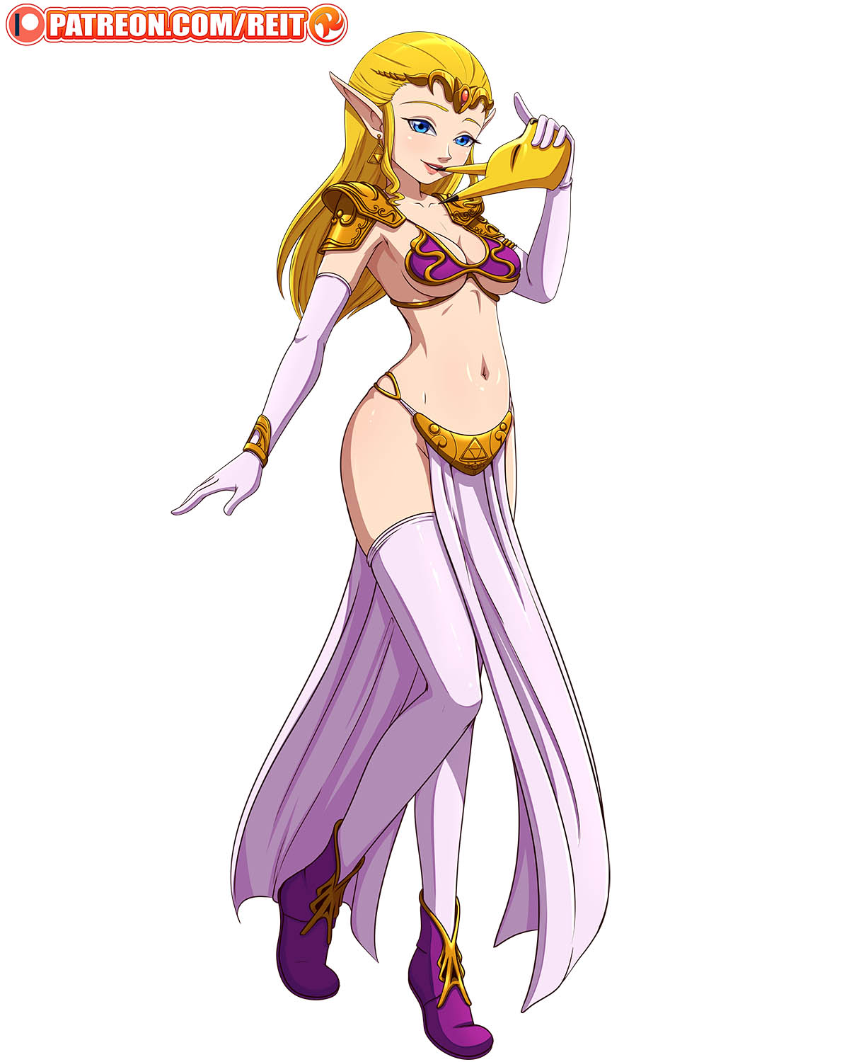 1girls, arabian clothes, big breasts, blonde hair, blue eyes, boots, breasts, cosplay, earrings, elbow gloves, elf, elf ears, elf female, female, female only, gloves, harem outfit, keaton mask, legwear, long hair, looking at viewer, metal bikini, midriff, navel, ocarina of time, patreon, pelvic curtain, princess zelda, reit, shoulder armor, slave bikini, slave leia (cosplay), solo, the legend of zelda, thighhighs, triforce earrings, white gloves, white legwear, white thighhighs, zelda (ocarina of time)