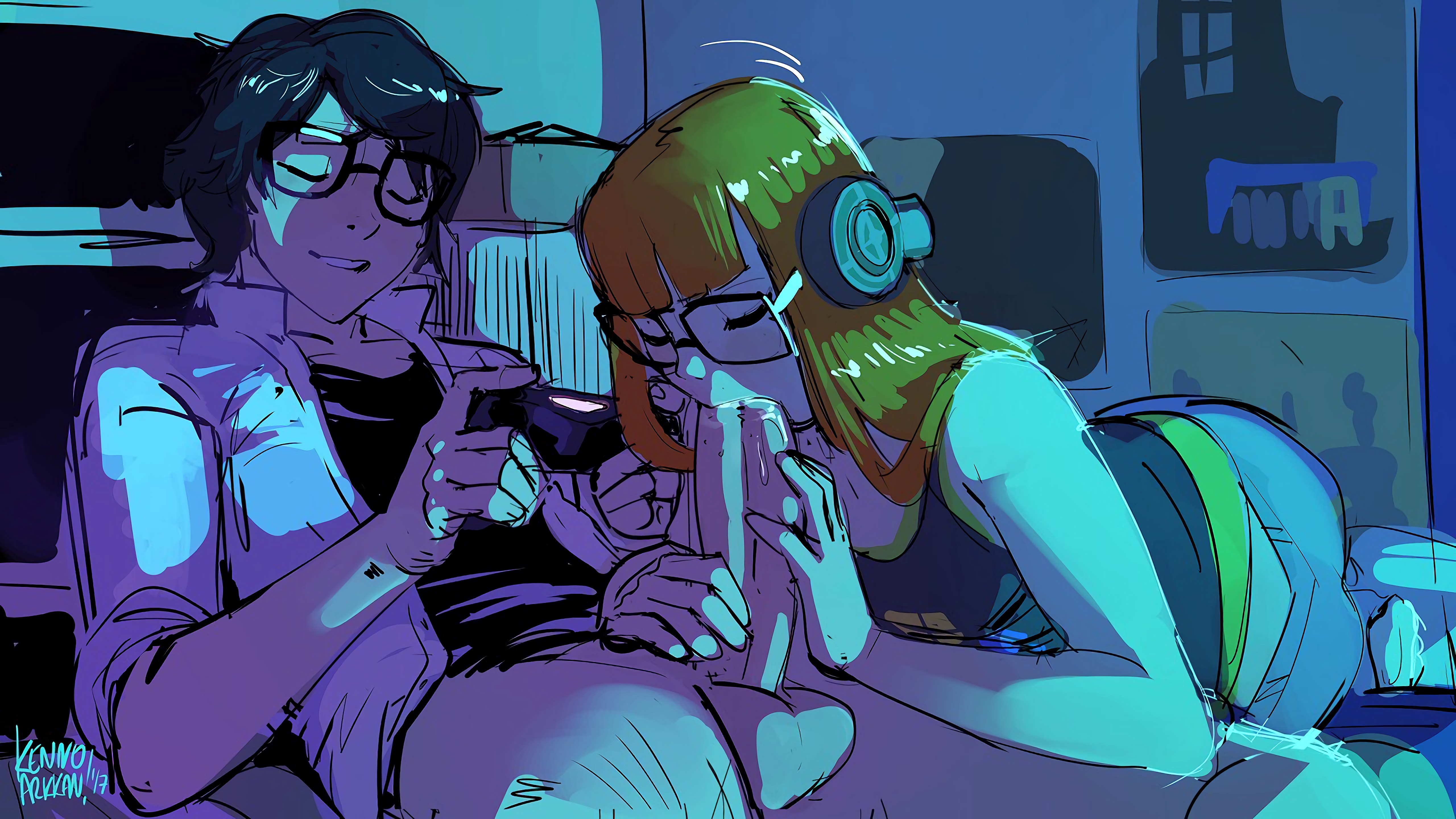 1boy, 1girls, atlus, bedroom, blowjob, clothed sex, computer monitor, dark room, fellatio, female, glasses, joker (persona), kenno arkkan, large penis, low-key lighting, male, male/female, megami tensei, orange hair, penis, persona, persona 5, phone, ren amamiya, sakura futaba, tagme