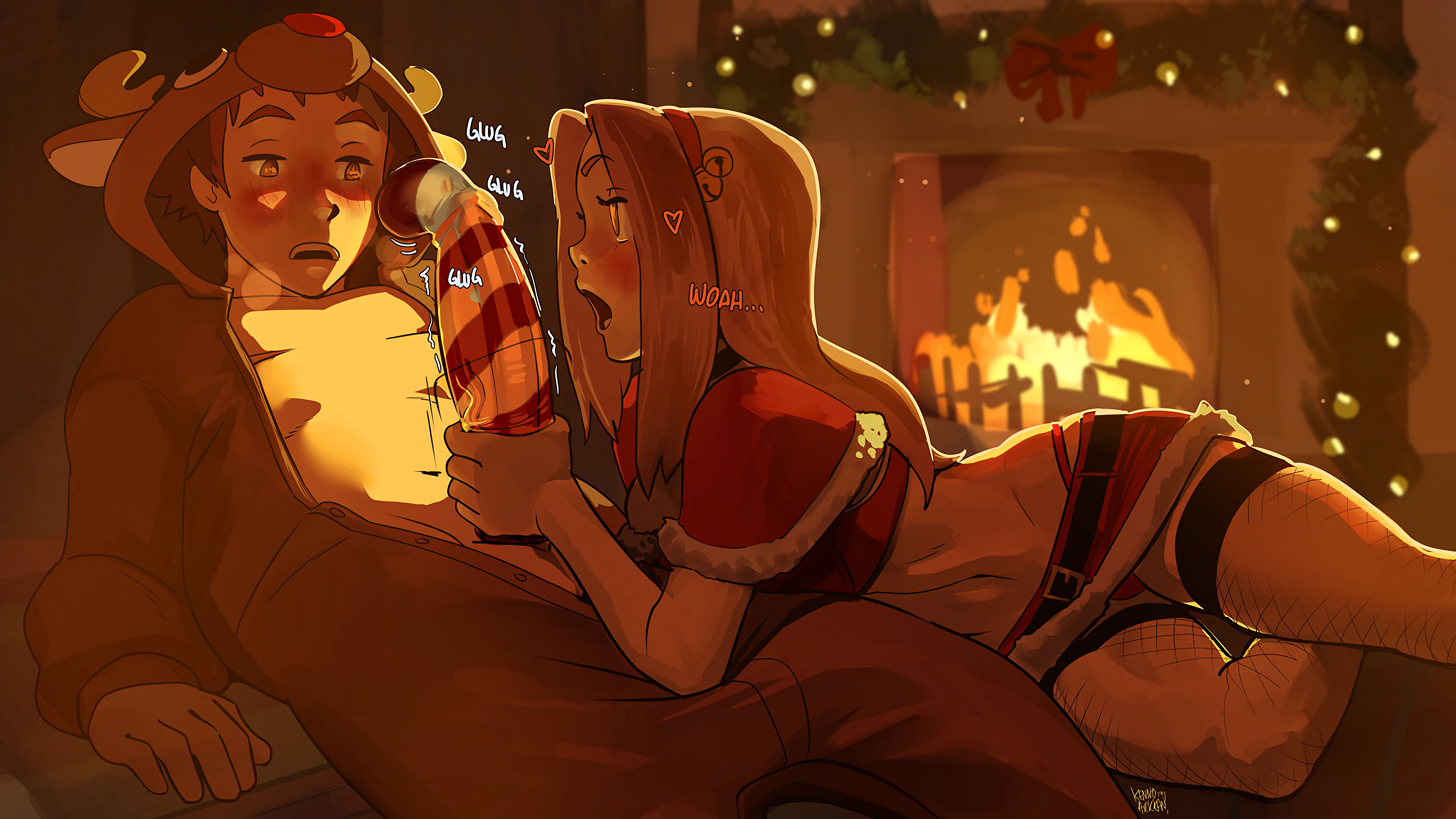 1boy, 1girls, belly, blonde hair, blush, boyfriend-girlfriend, brown hair, christmas, christmas outfit, cock awe, condom, condom filling, condom on penis, couple, cum, cum in condom, digimon, digimon adventure tri., female, fire, fireplace, fishnet legwear, fishnet stockings, fishnets, handjob, huge cock, human, indoors, kenno arkkan, koushiro izumi, looking at penis, male, mimi tachikawa, mistletoe, onesie, open mouth, penis, penis awe, reindeer costume, romantic ambiance, rubbing, santa costume, stockings, straight