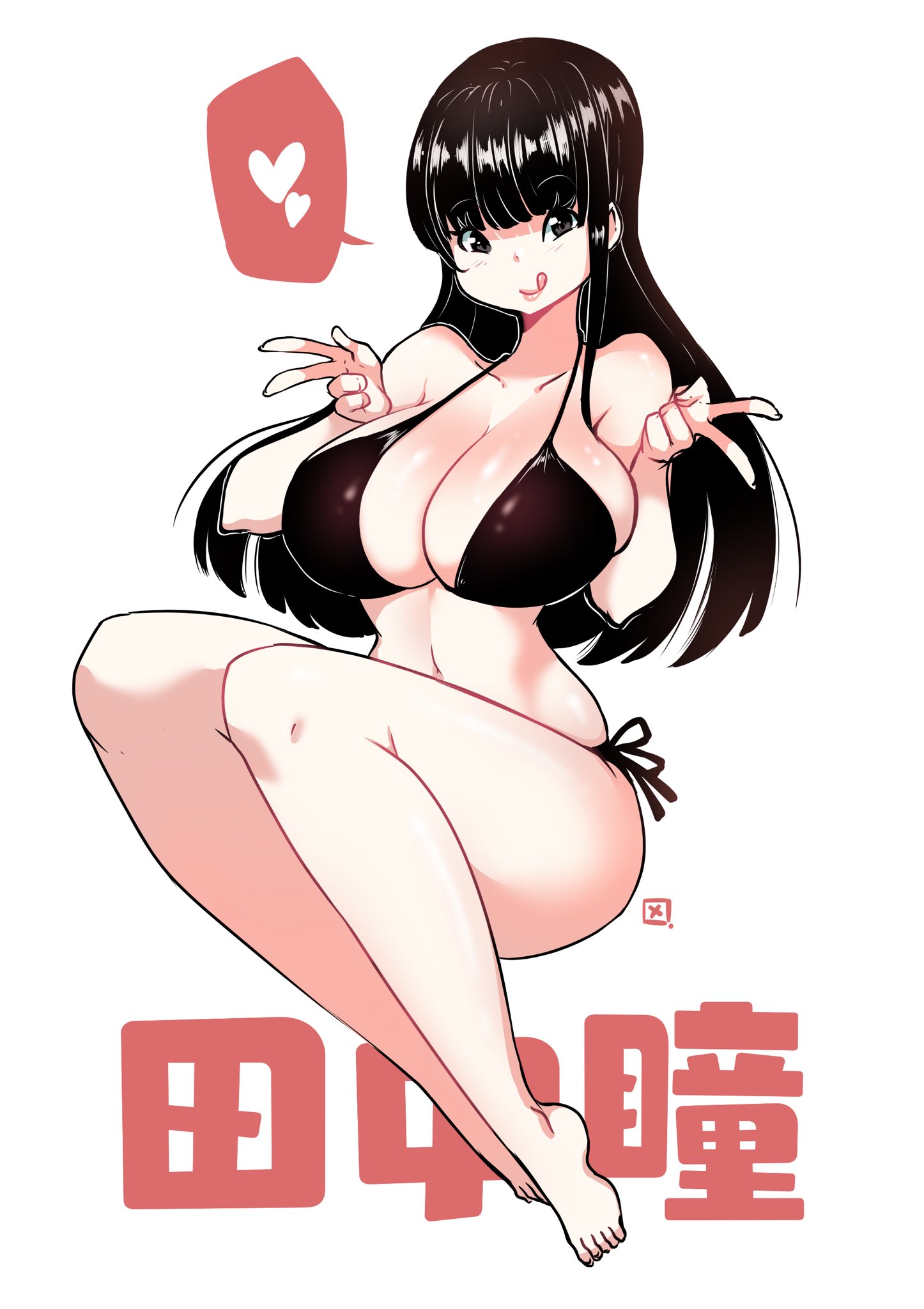 :p, 1girls, bikini, black eyes, black hair, breasts, bust, busty, cleavage, curvaceous, curvy, female, female only, full body, gigantic breasts, heart, highres, hips, hitomi tanaka, huge breasts, kenron toqueen, large breasts, long hair, looking at viewer, navel, porn star, sitting, smile, solo, swimsuit, thick, thick thighs, thighs, tongue, tongue out, voluptuous, wide hips