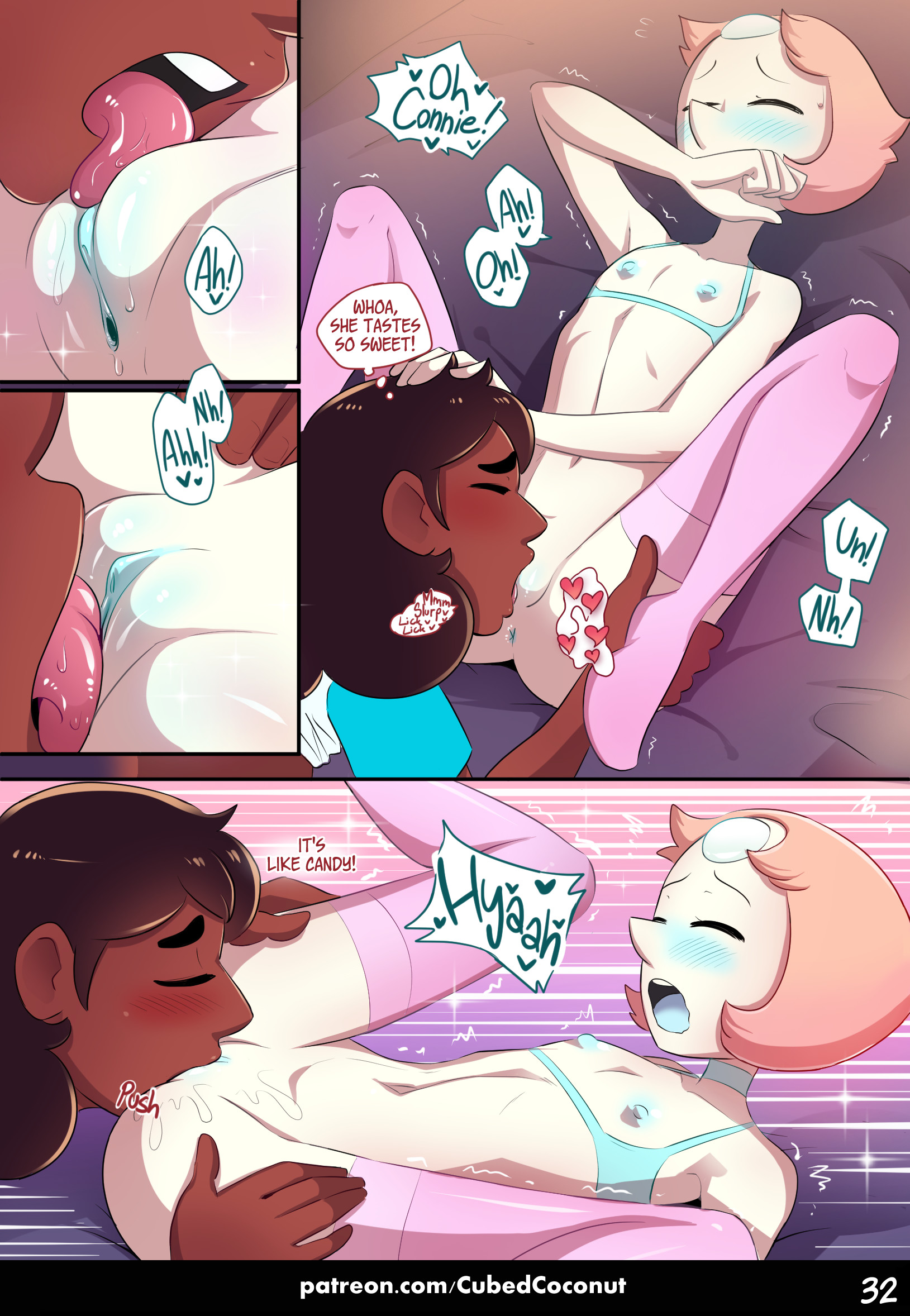 2girls, brown hair, comic, comic page, connie maheswaran, cubedcoconut, dark skin, dark-skinned female, female, female only, hi res, light skin, light-skinned female, pearl (steven universe), steven universe, tagme, text, thighs, yuri