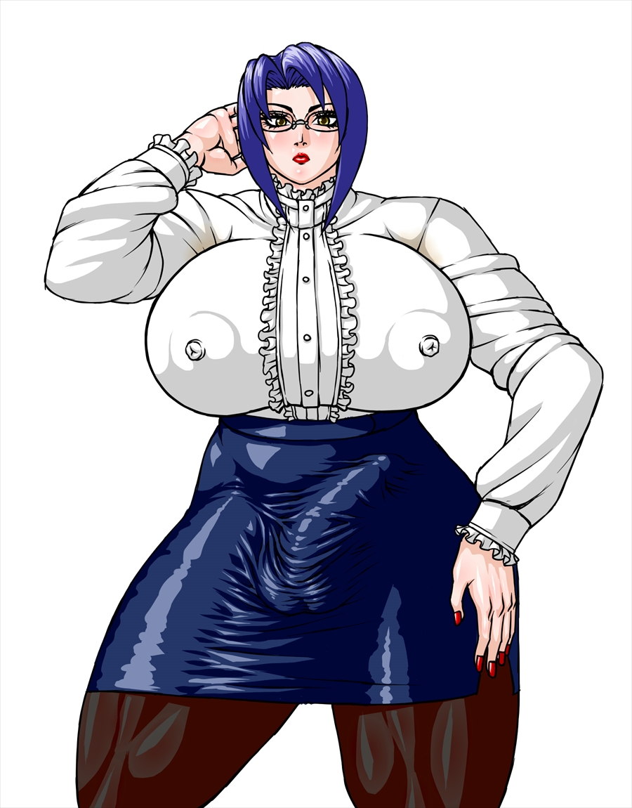 1futa, 2019, balls, big breasts, big penis, bimbo, blue hair, blue skirt, blush, breasts, brown eyes, bulge, cameltail, curvy, erect nipple, erect nipples, erection, erection under clothes, erection under skirt, front view, futa only, futanari, glasses, hand on hip, hourglass figure, human, hyper, hyper breasts, intersex, large penis, leggings, light skin, light-skinned futa, lipstick, looking at viewer, makeup, nail polish, negoto (nego6), nipple bulge, nipples, nipples visible through clothing, original character, penis, penis under clothes, penis under skirt, pose, posing, red fingernails, red lipstick, shiny, shiny skin, short hair, simple background, skirt, solo, solo futa, spread legs, spreading, standing, teacher, thick thighs, voluptuous, white background, white shirt, wide hips